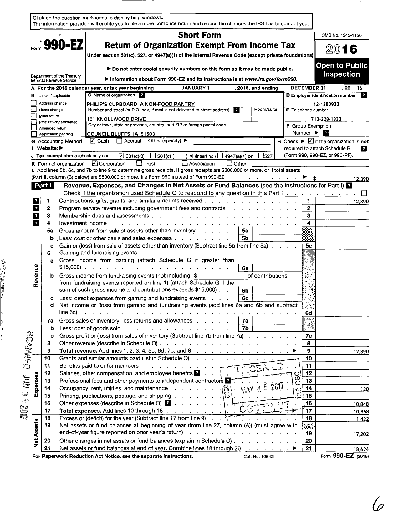 Image of first page of 2016 Form 990EZ for Philips Cupboard A Non-Food Pantry