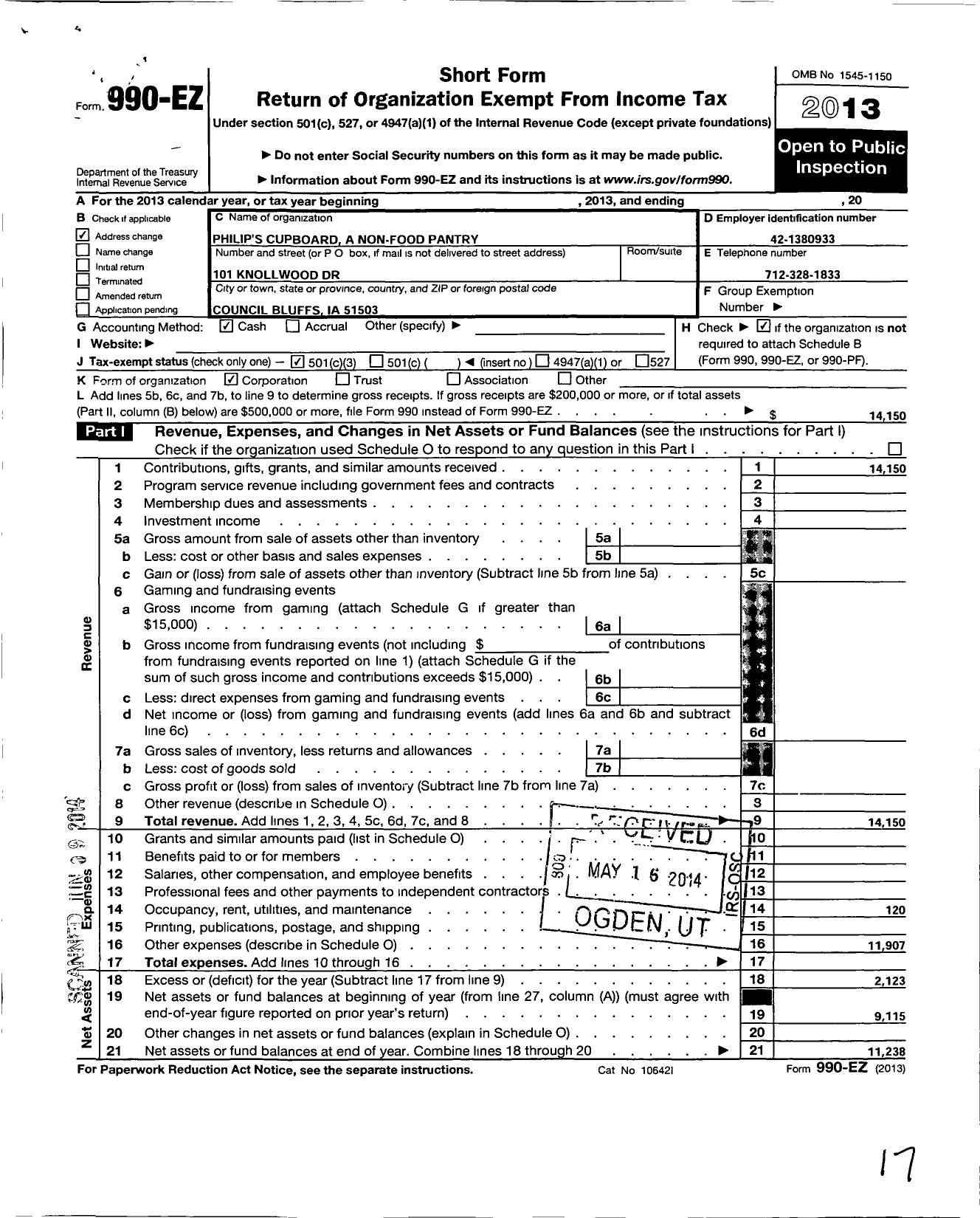 Image of first page of 2013 Form 990EZ for Philips Cupboard A Non-Food Pantry