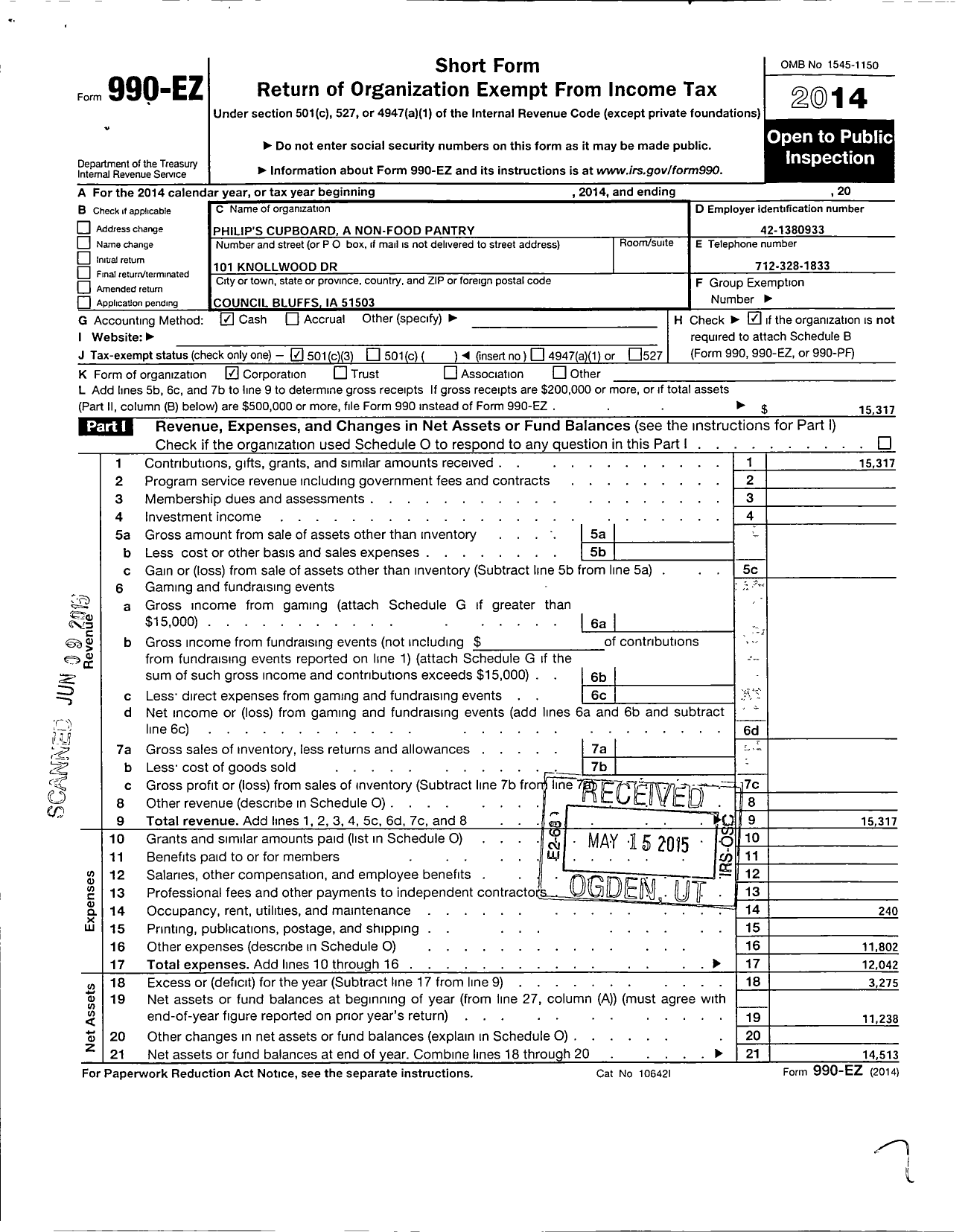 Image of first page of 2014 Form 990EZ for Philips Cupboard A Non-Food Pantry