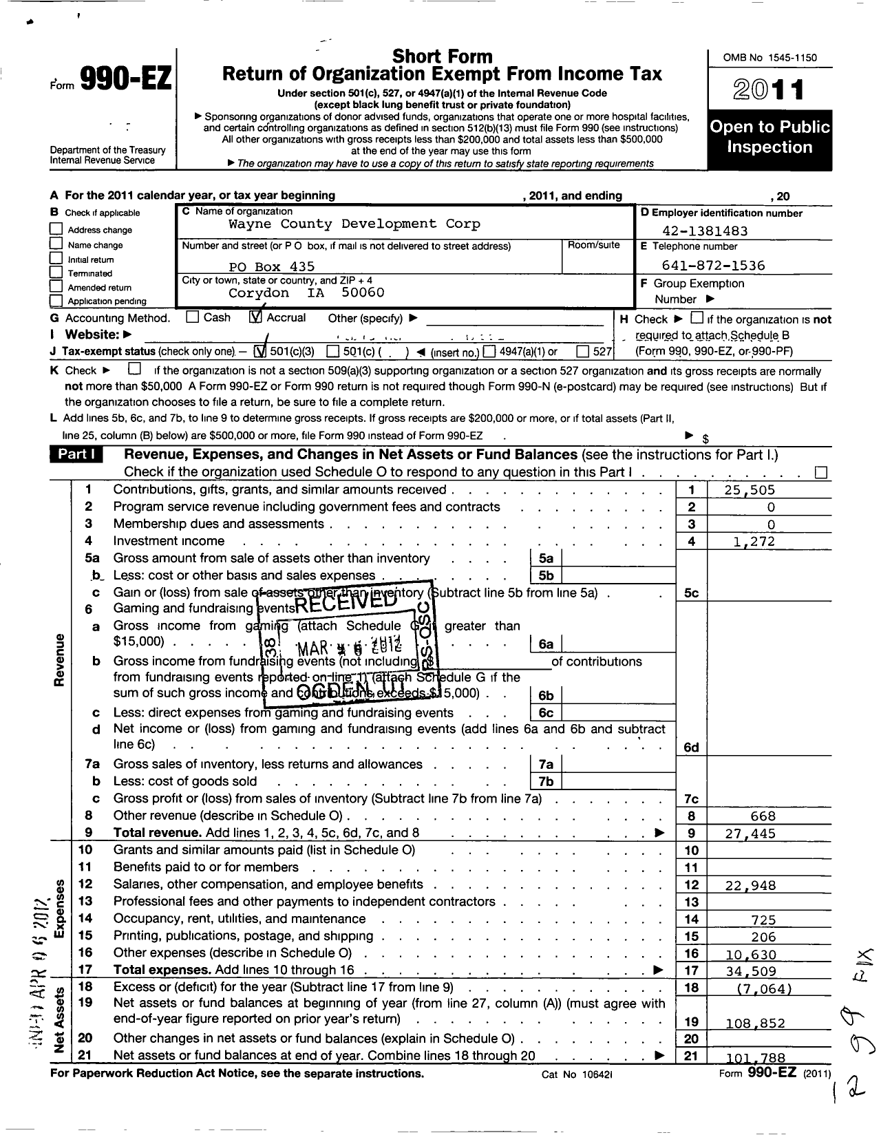 Image of first page of 2011 Form 990EZ for Wayne County Development Corporation