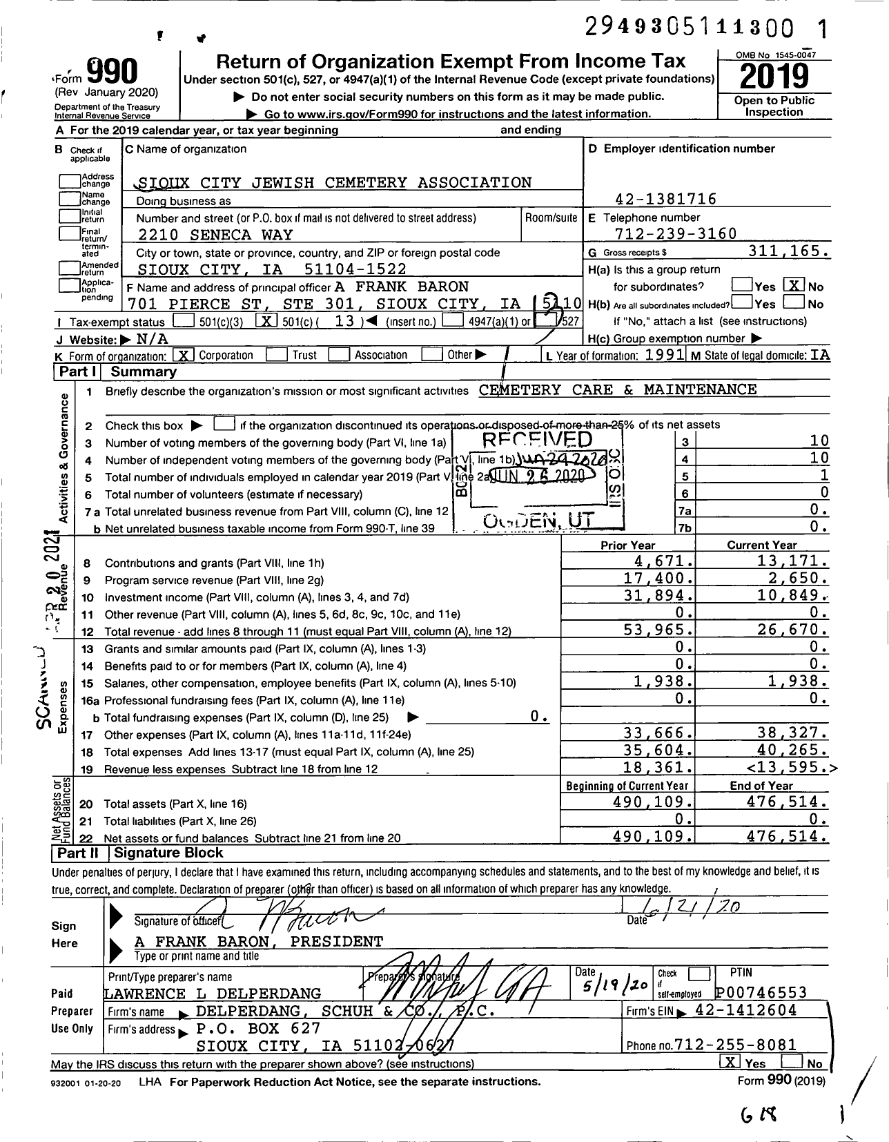 Image of first page of 2019 Form 990O for Sioux City Jewish Cemetery Association