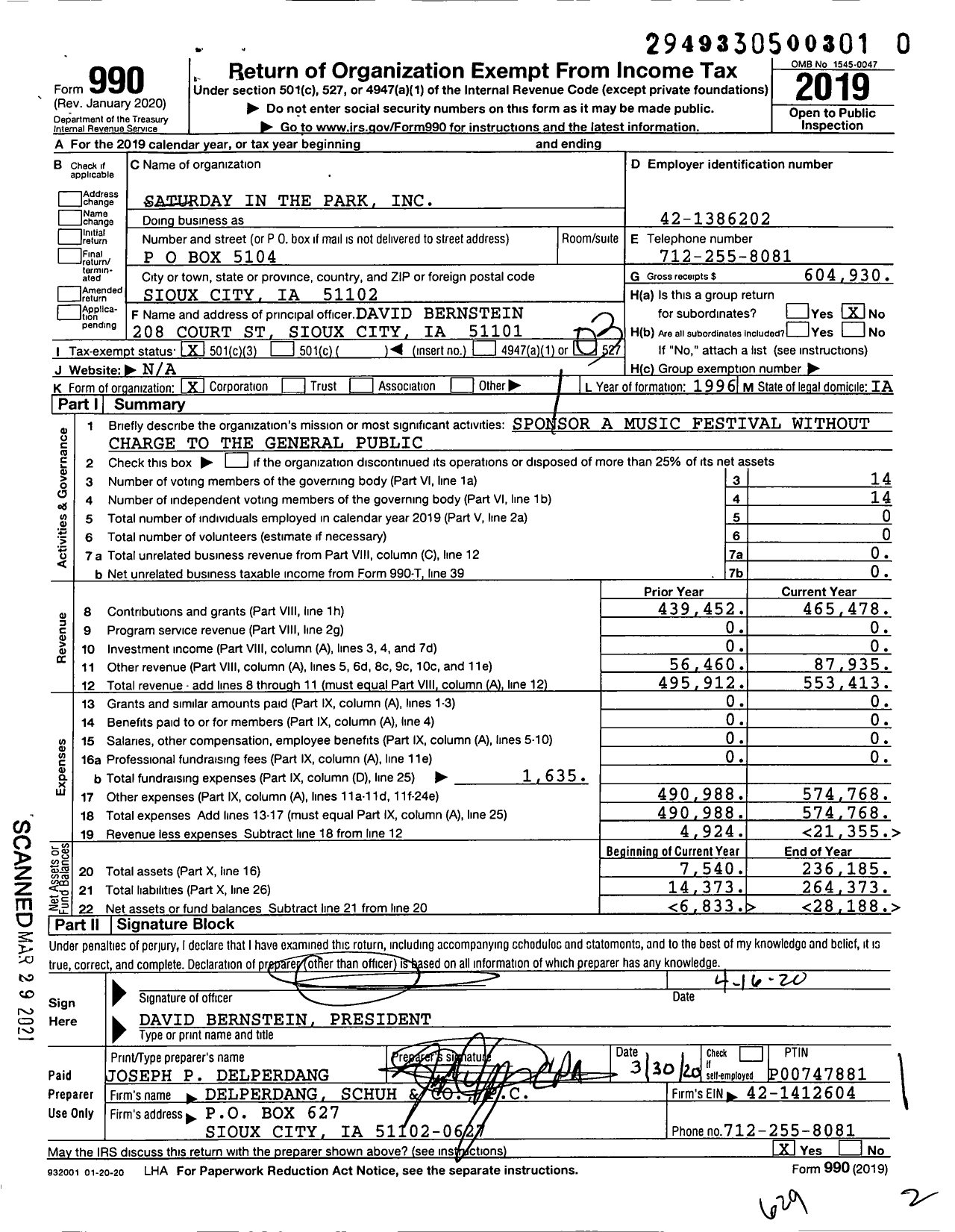 Image of first page of 2019 Form 990 for Saturday in the Park