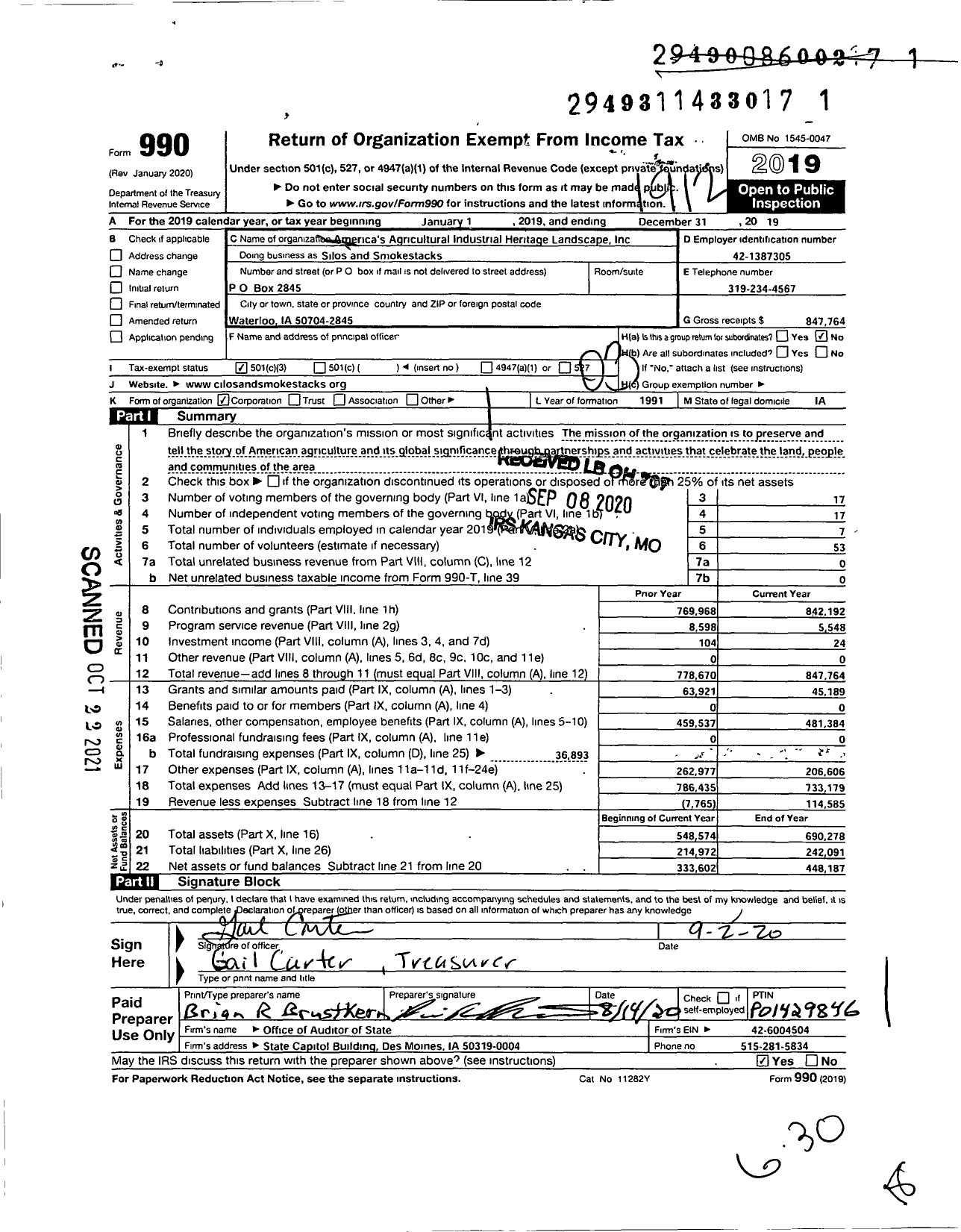 Image of first page of 2019 Form 990 for Silos and Smokestacks National Heritage Area