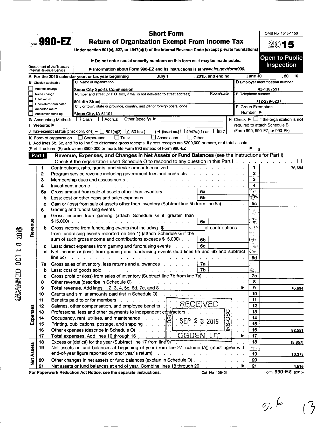 Image of first page of 2015 Form 990EO for Siouxland Sports and Cultural Events Congress