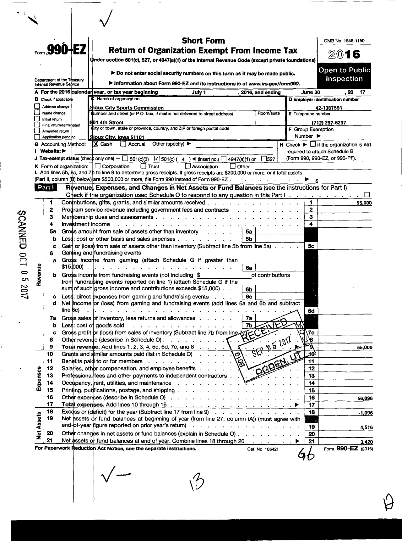 Image of first page of 2016 Form 990EO for Siouxland Sports and Cultural Events Congress