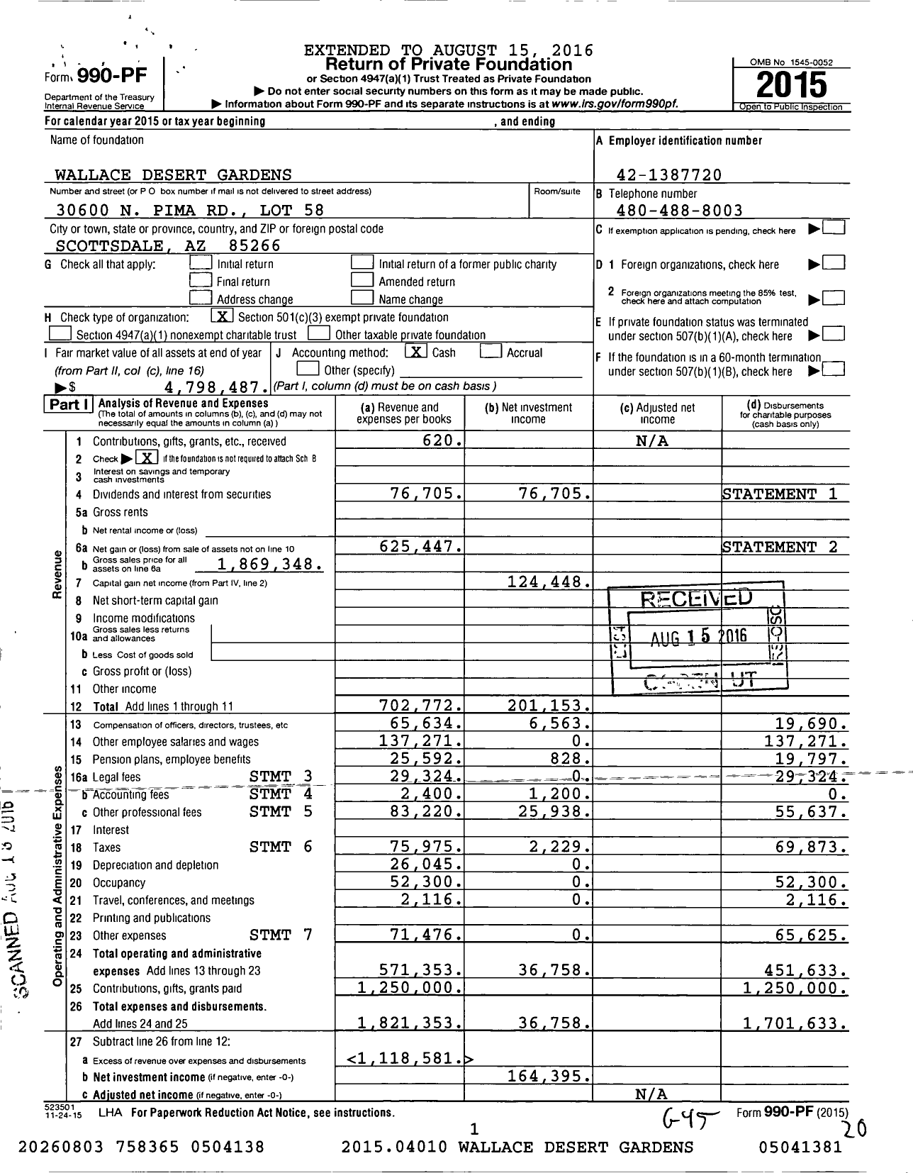 Image of first page of 2015 Form 990PF for Wallace Desert Gardens