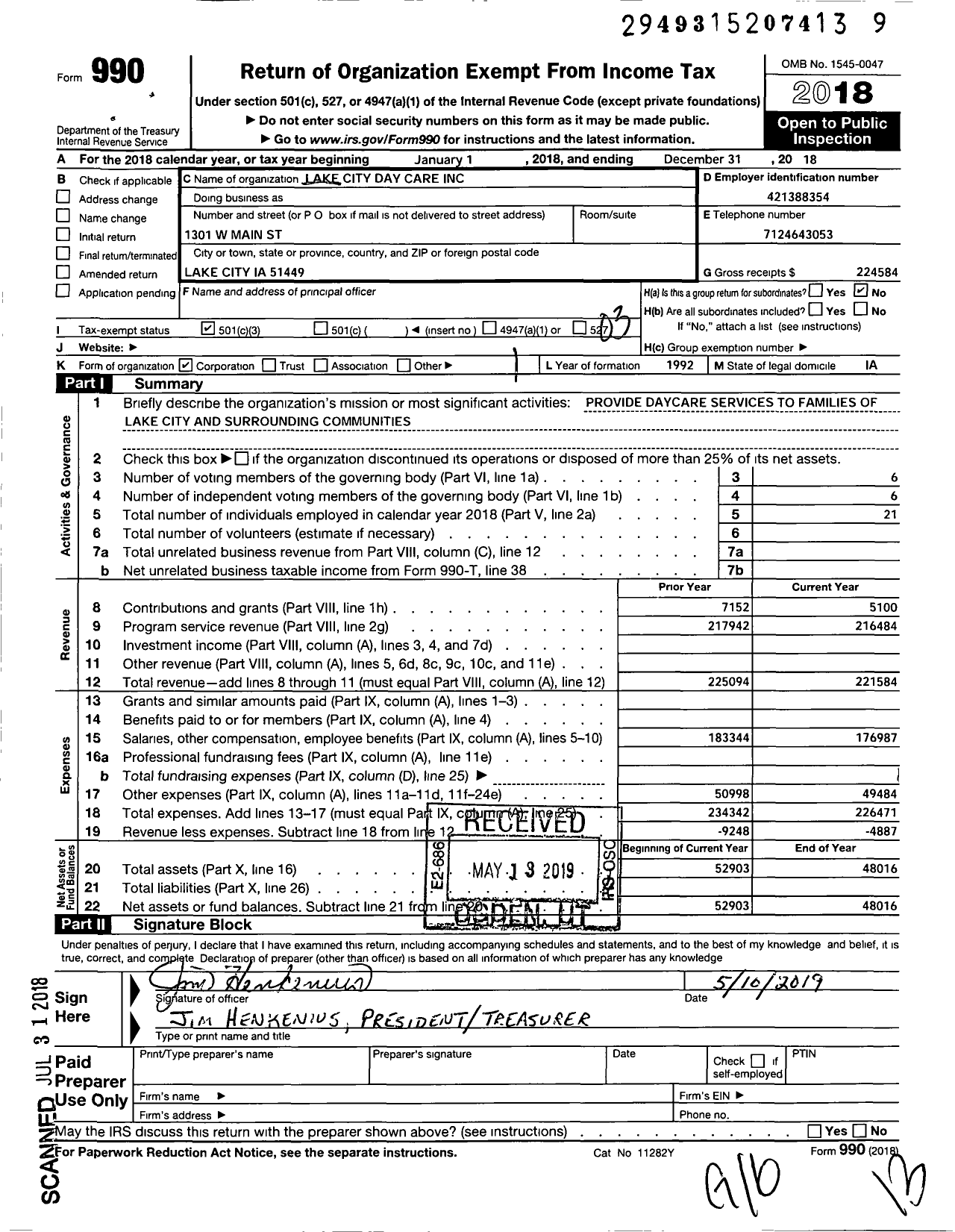 Image of first page of 2018 Form 990 for Lake City Day Care