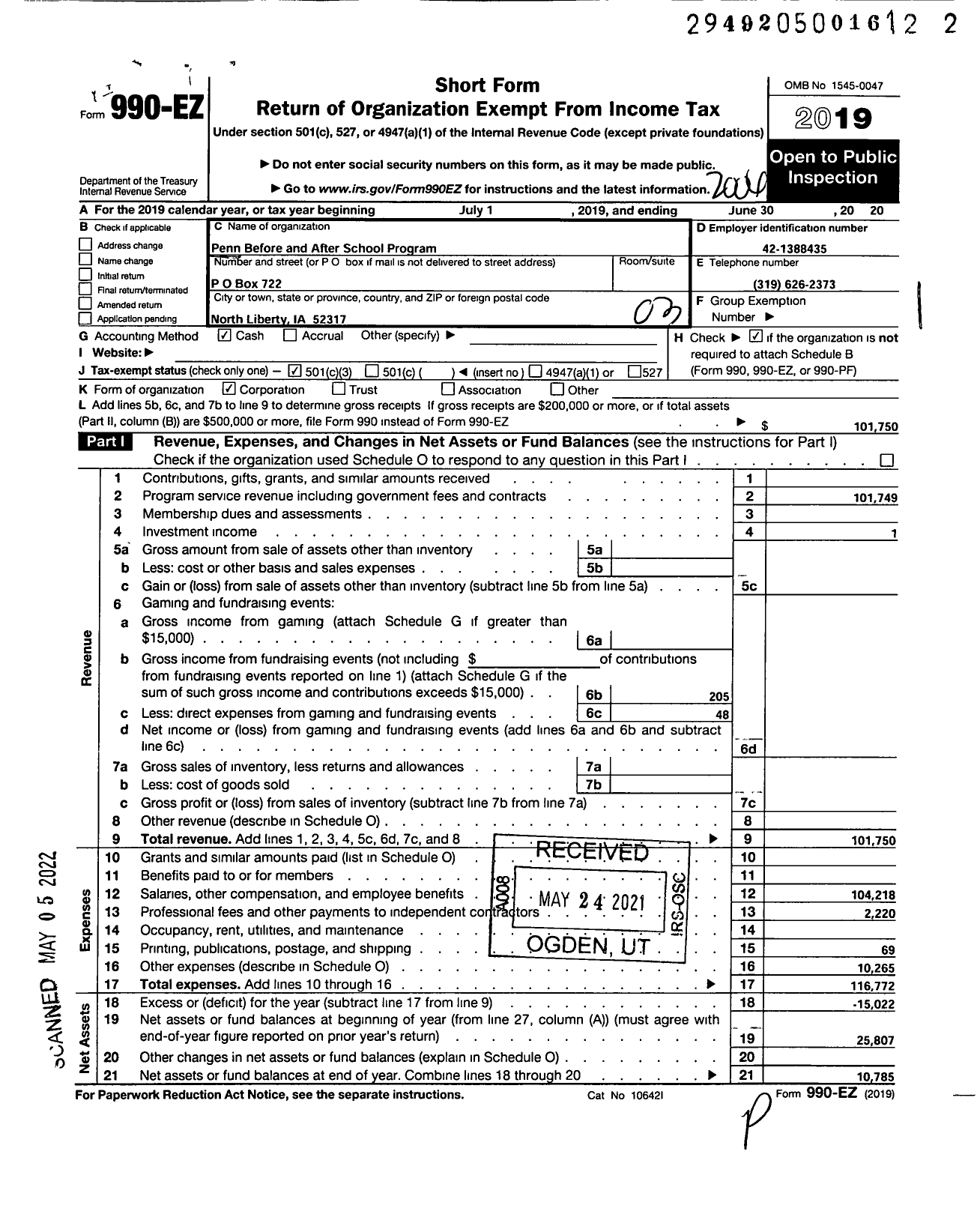 Image of first page of 2019 Form 990EZ for Penn Before and After School Program