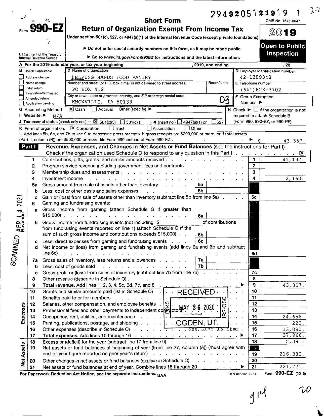 Image of first page of 2019 Form 990EZ for Helping Hands Food Pantry