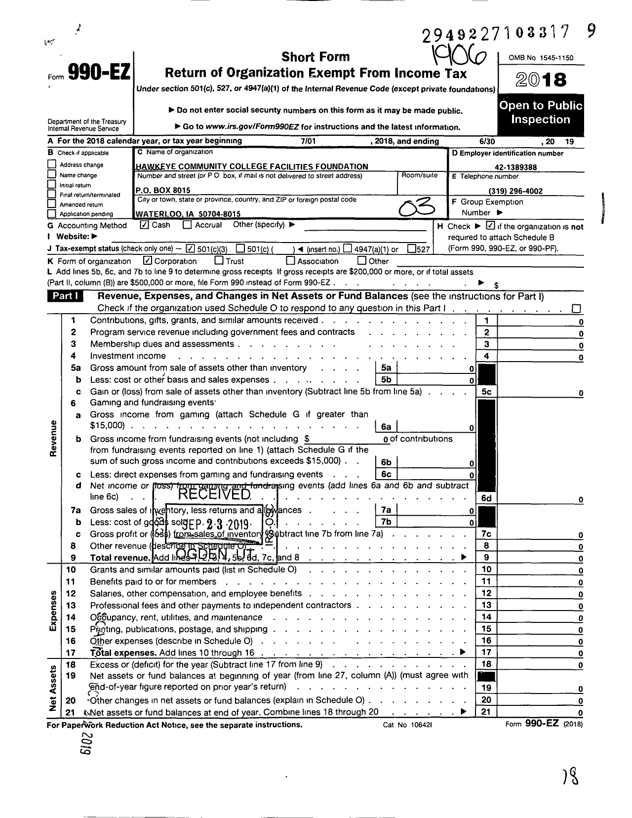 Image of first page of 2018 Form 990EZ for Hawkeye Community College Facilities Foundation