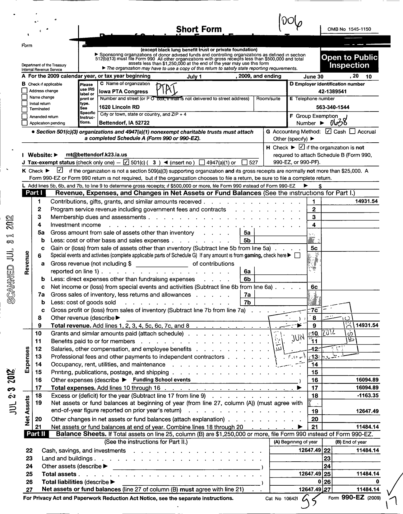 Image of first page of 2009 Form 990EZ for PTA Iowa Congress / Mark Twain PTA