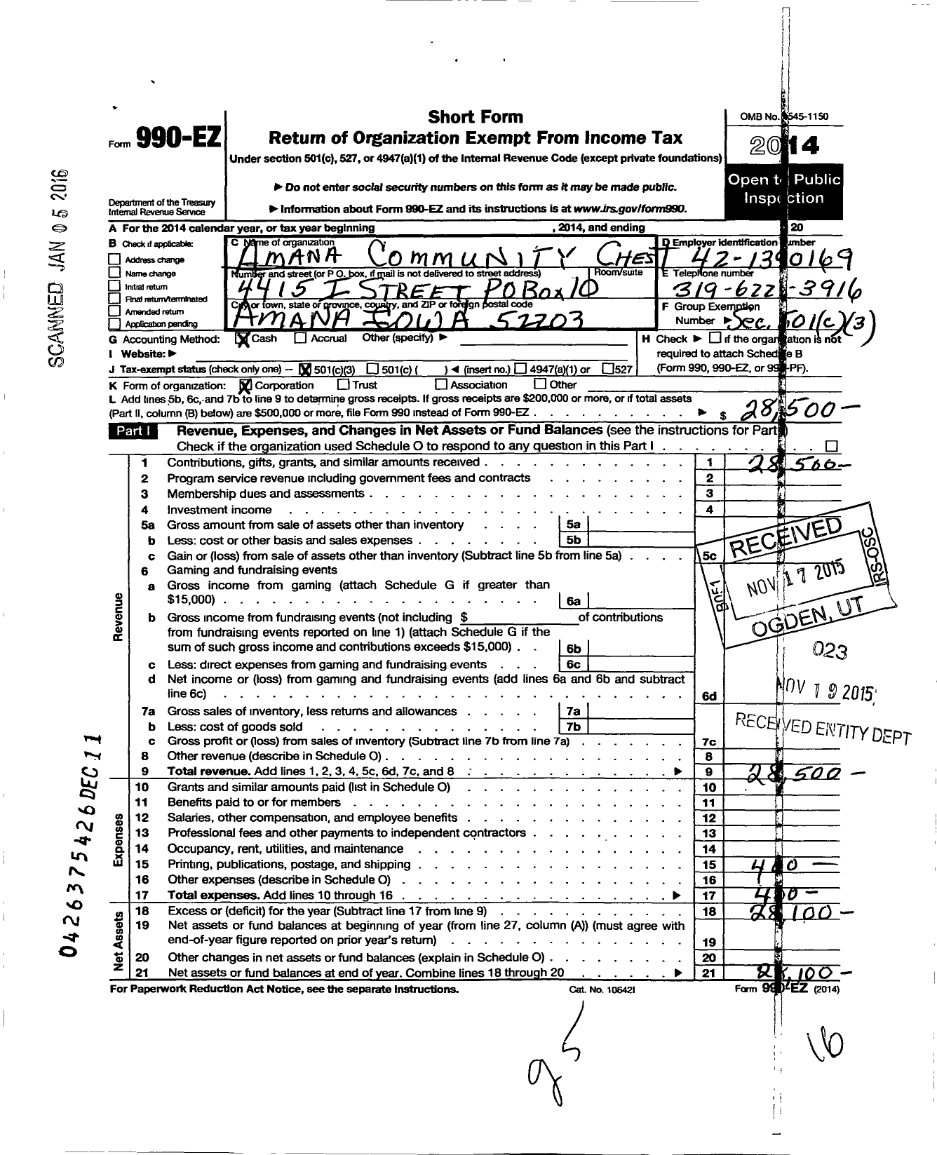 Image of first page of 2014 Form 990EZ for Amana Community Chest