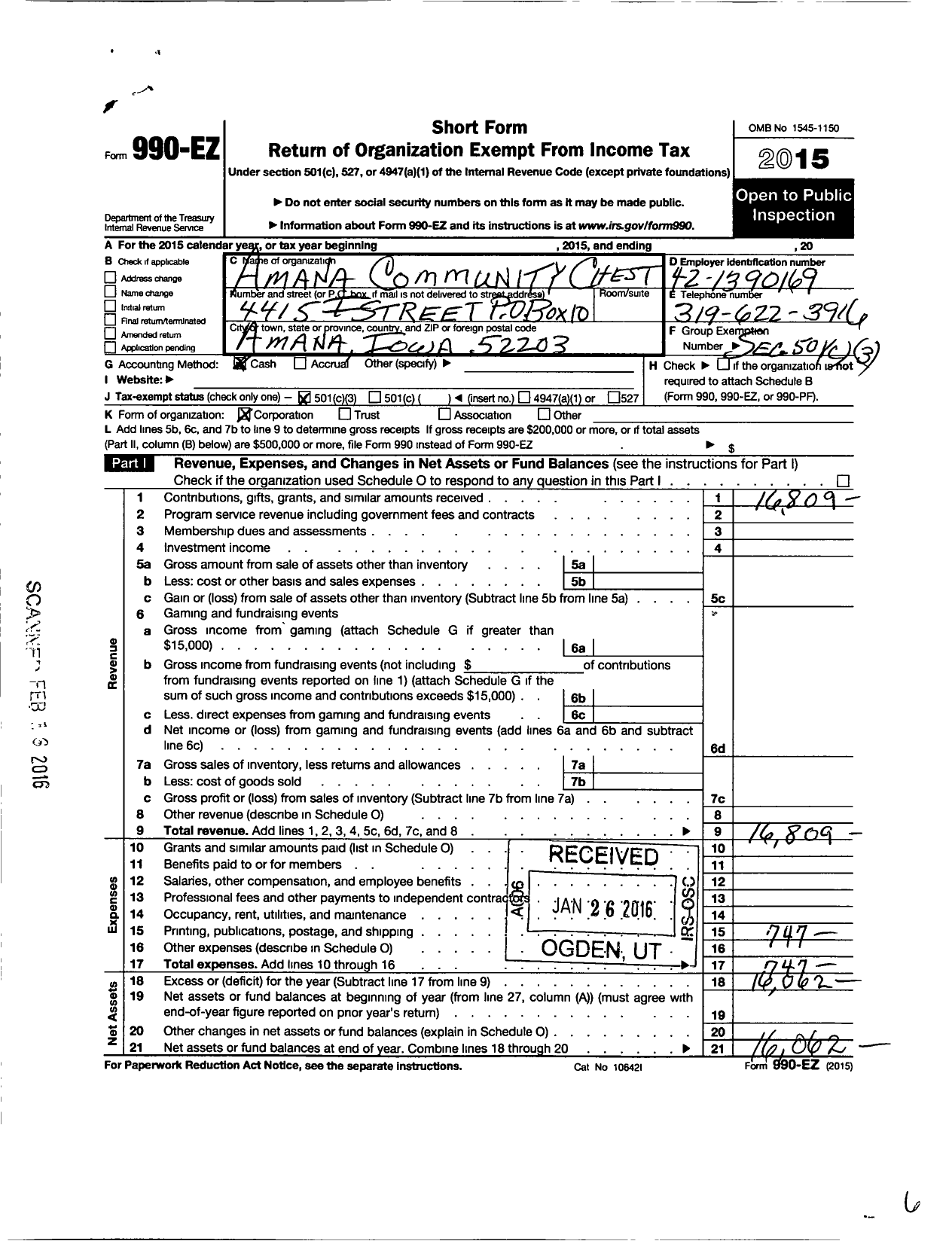 Image of first page of 2015 Form 990EZ for Amana Community Chest