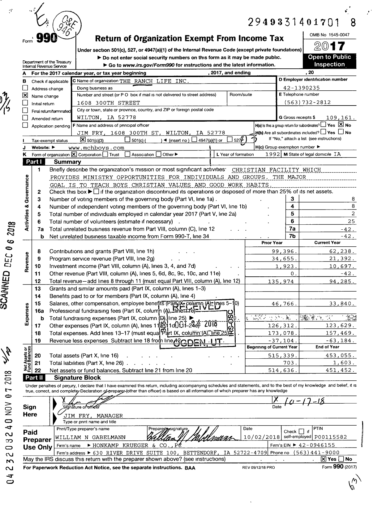 Image of first page of 2017 Form 990 for The Ranch Life