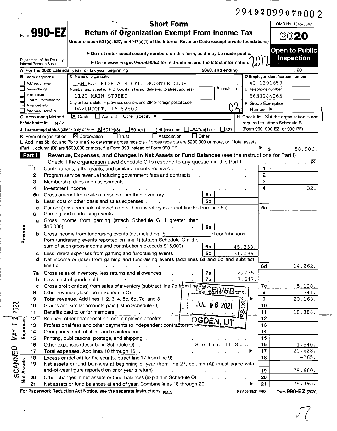 Image of first page of 2020 Form 990EZ for Central High Athletic Booster Club