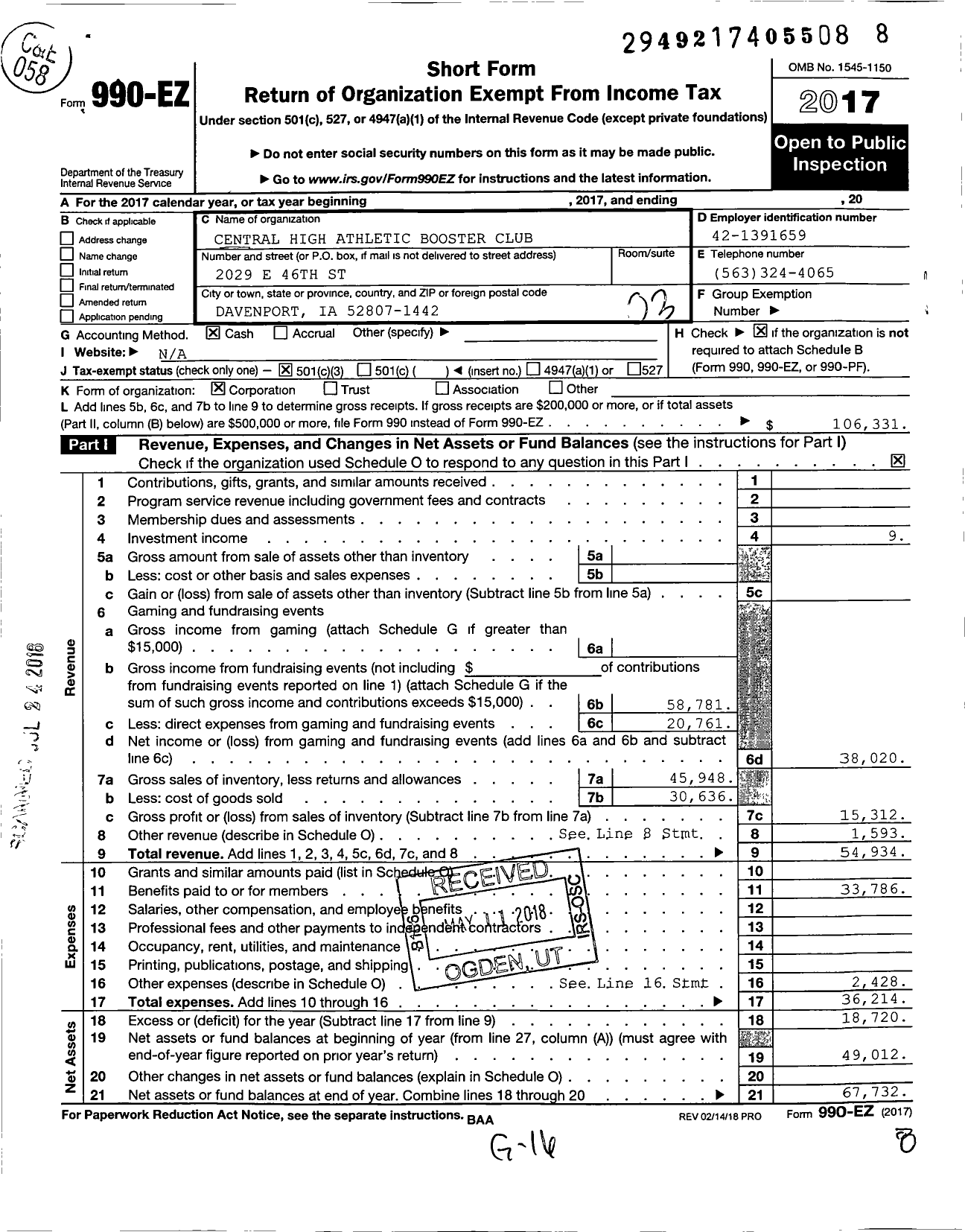 Image of first page of 2017 Form 990EZ for Central High Athletic Booster Club