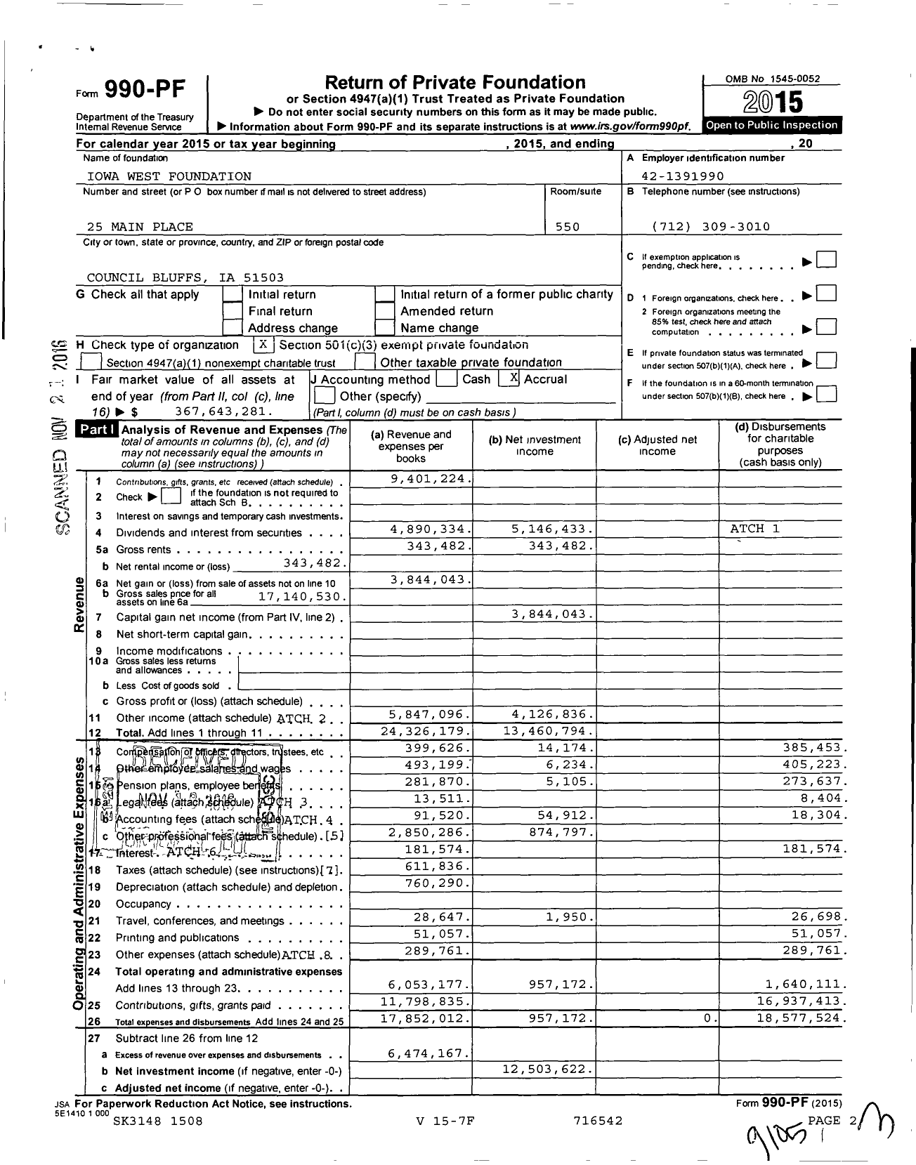 Image of first page of 2015 Form 990PF for Iowa West Foundation