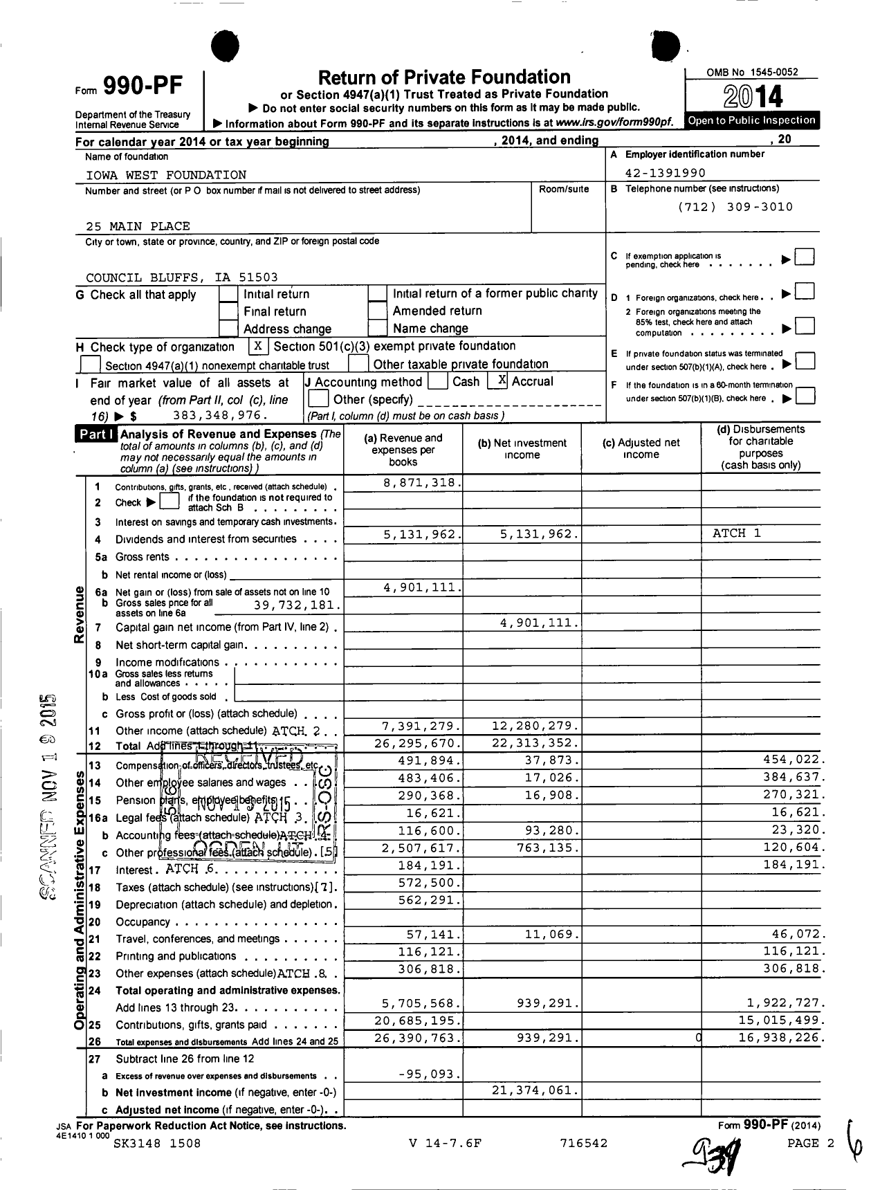 Image of first page of 2014 Form 990PF for Iowa West Foundation
