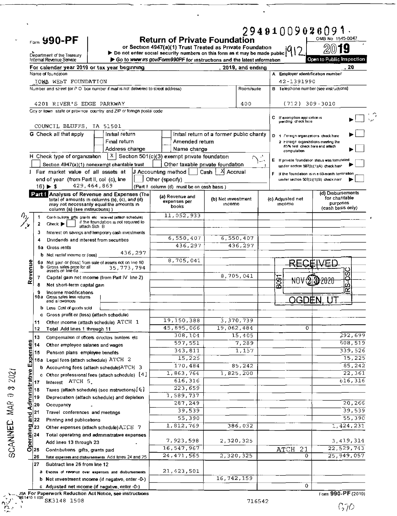 Image of first page of 2019 Form 990PF for Iowa West Foundation