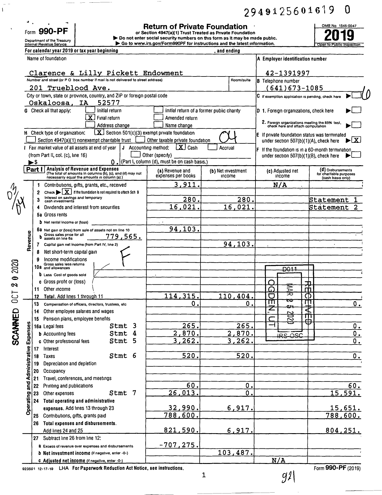 Image of first page of 2019 Form 990PR for Clarence & Lilly Pickett Endowment