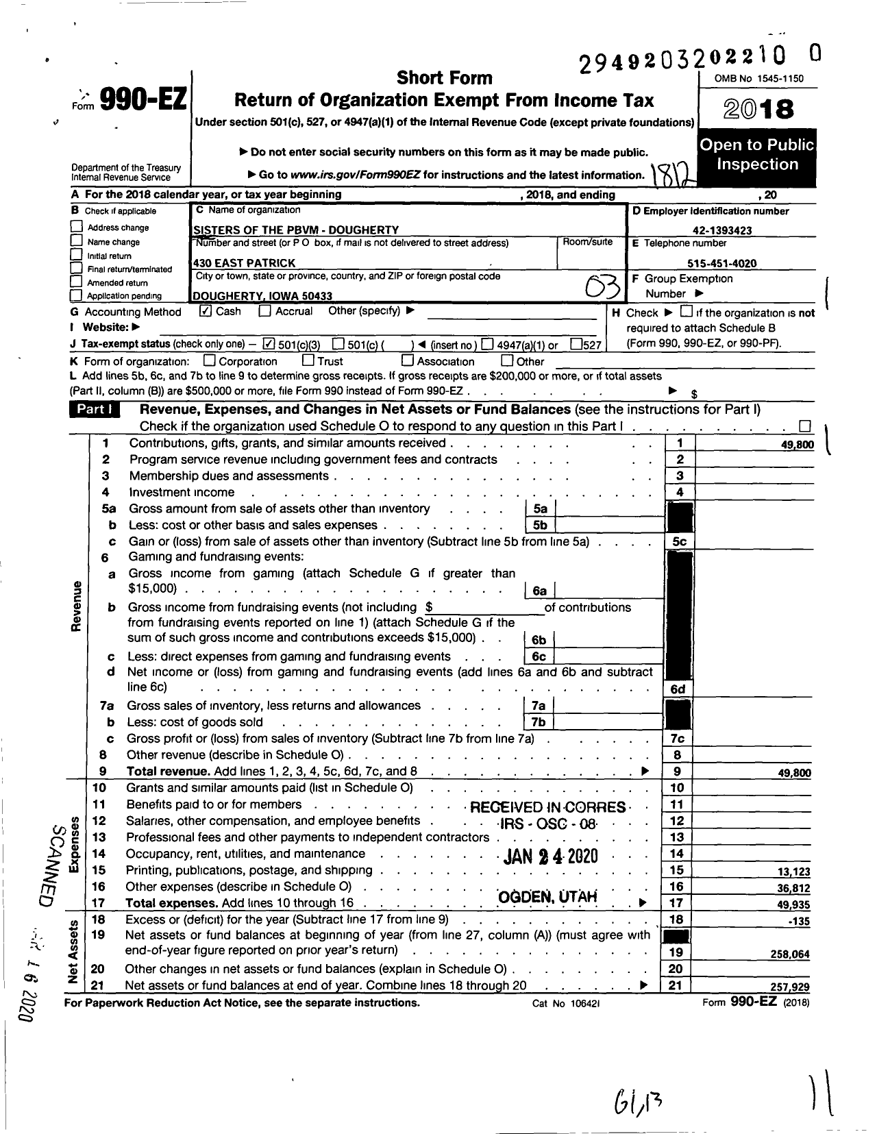 Image of first page of 2018 Form 990EZ for Sisters of the PBVM Pbvm-Dougherty