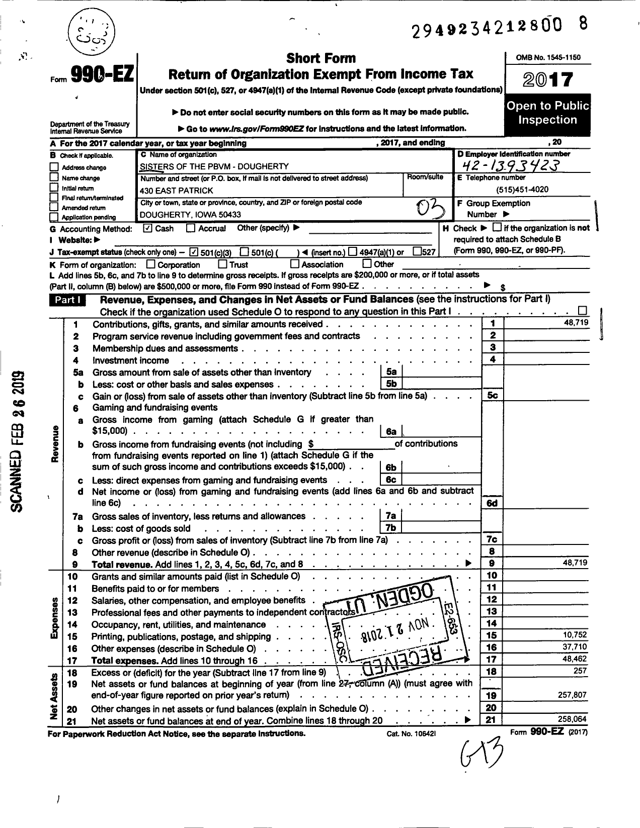 Image of first page of 2017 Form 990EZ for Sisters of the PBVM Pbvm-Dougherty