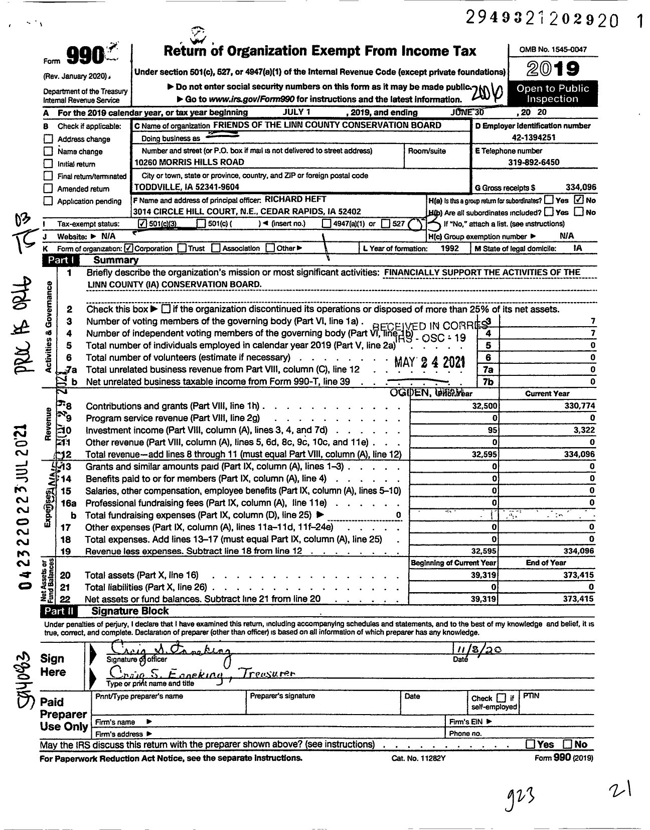 Image of first page of 2019 Form 990 for Friends of the Linn County Conservation Board