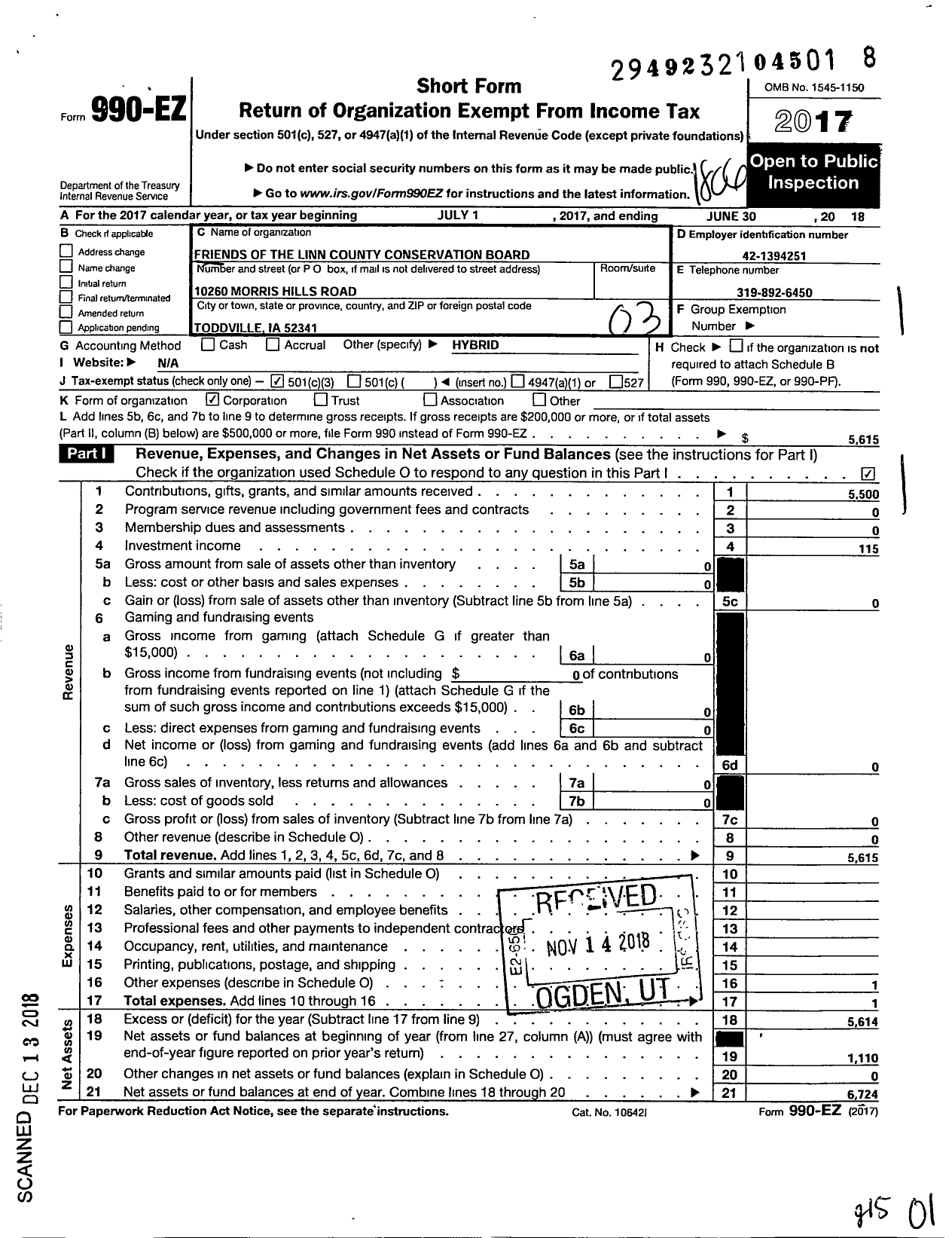 Image of first page of 2017 Form 990EZ for Friends of the Linn County Conservation Board