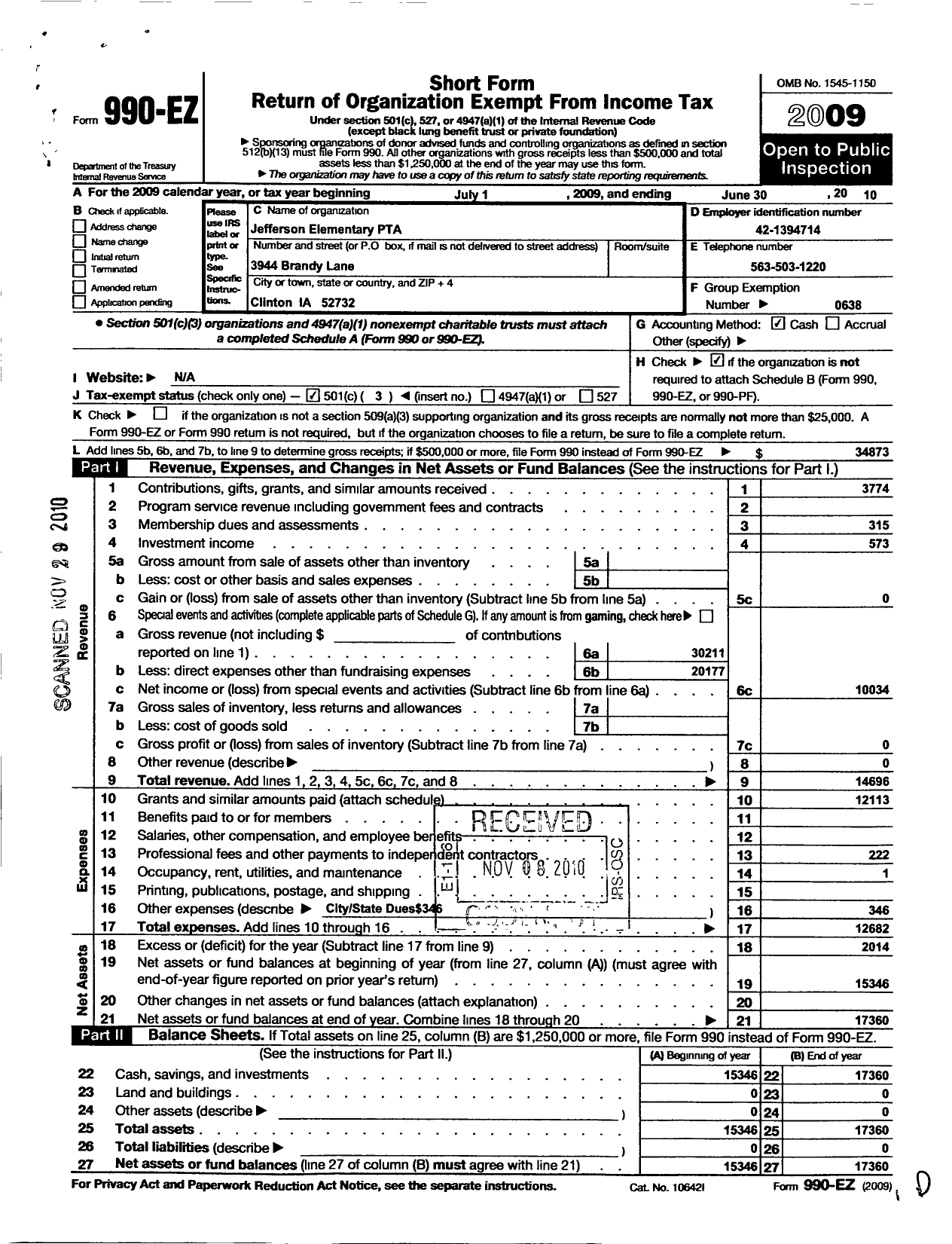 Image of first page of 2009 Form 990EZ for PTA Iowa Congress / Jefferson Elem PTA