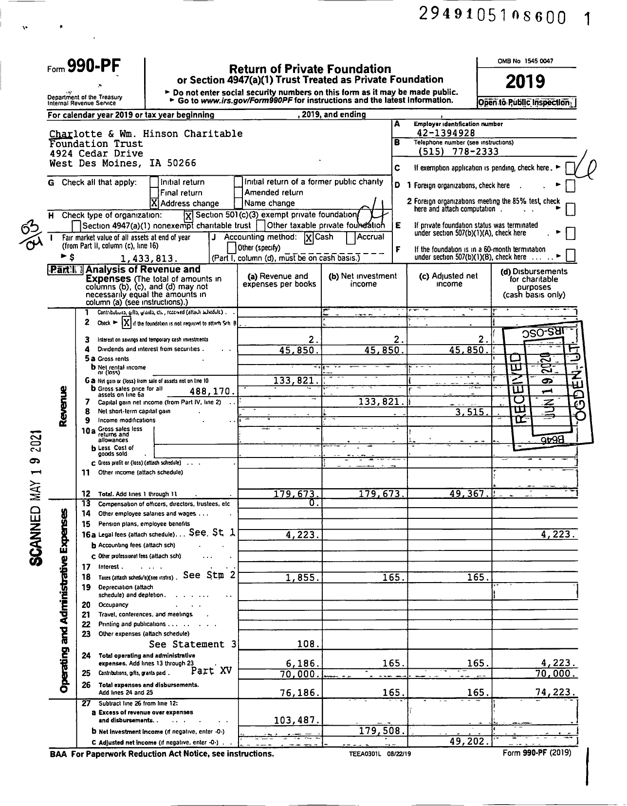 Image of first page of 2019 Form 990PF for Charlotte and William Hinson Charitable Foundation Trust