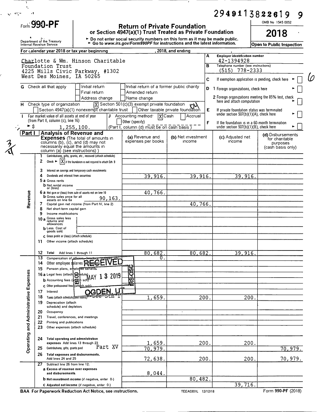 Image of first page of 2018 Form 990PF for Charlotte and William Hinson Charitable Foundation Trust