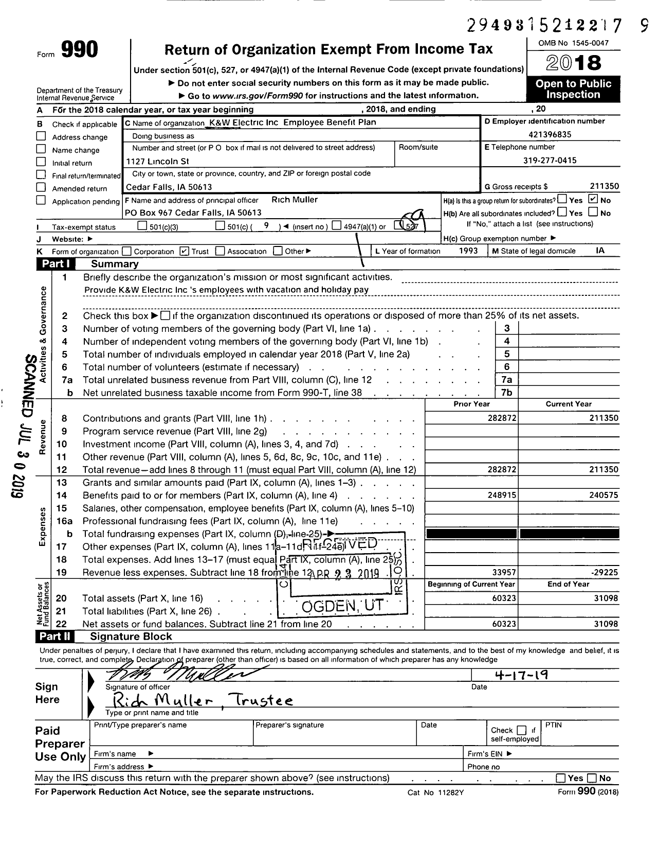 Image of first page of 2018 Form 990O for K and W Electric Voluntary Employee Benefit Trust