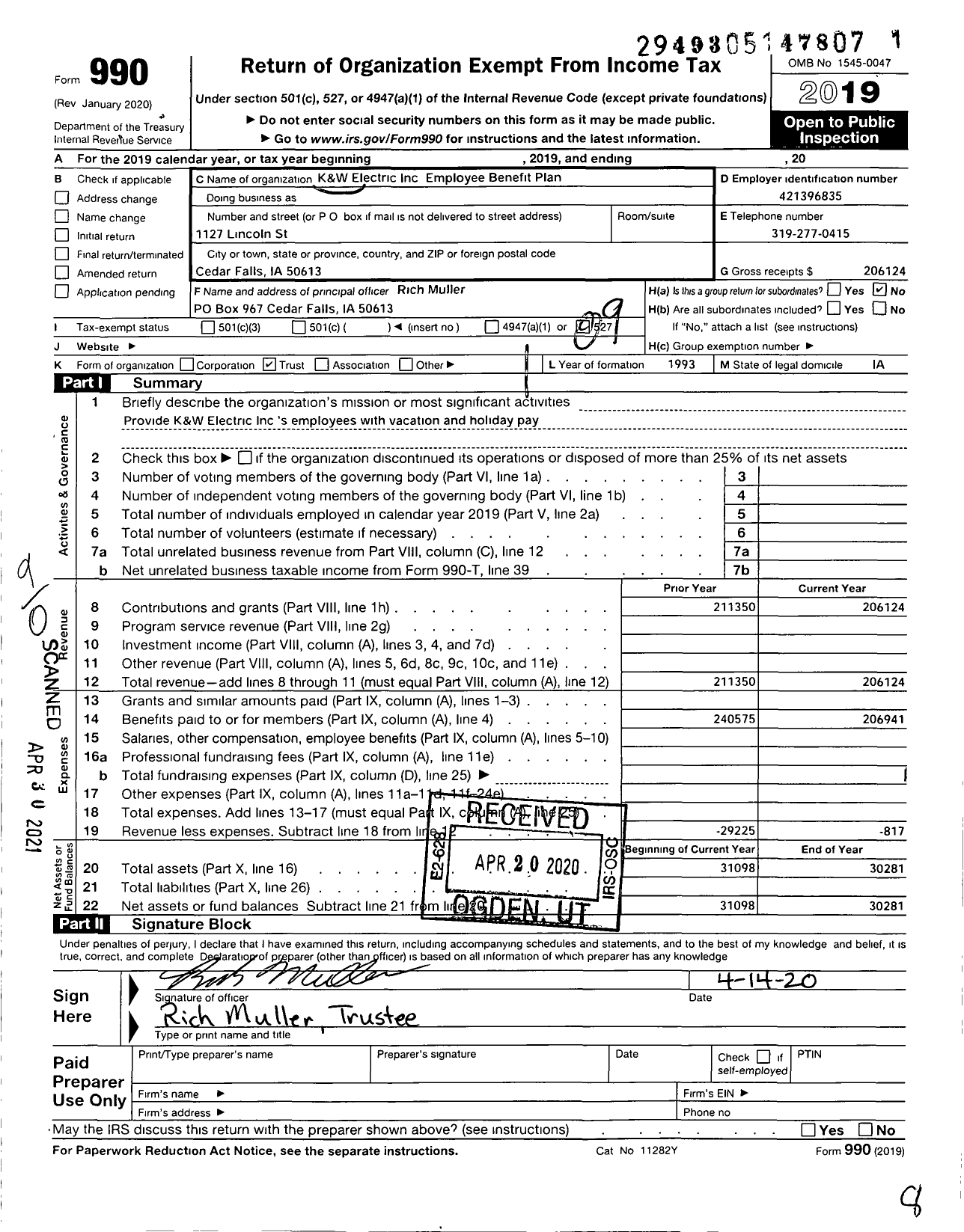 Image of first page of 2019 Form 990O for K and W Electric Voluntary Employee Benefit Trust