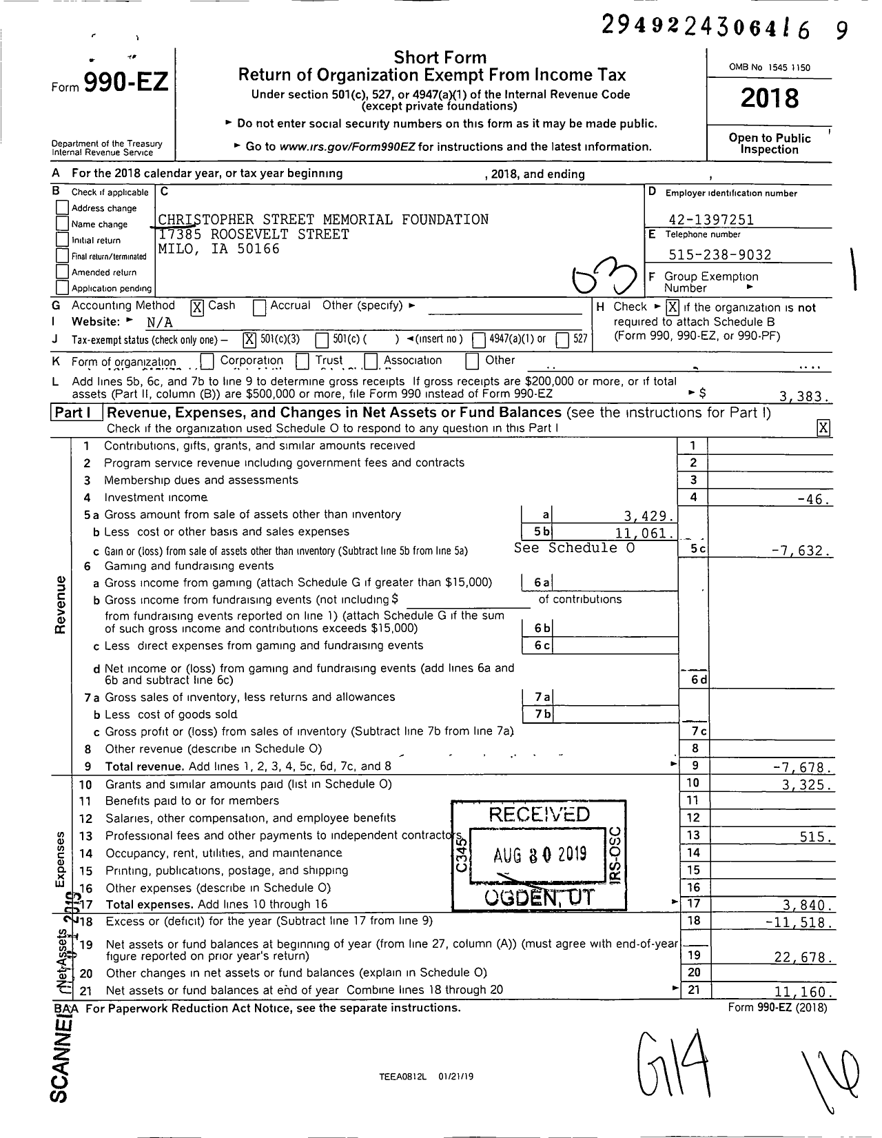 Image of first page of 2018 Form 990EZ for Christopher Street Memorial Foundation