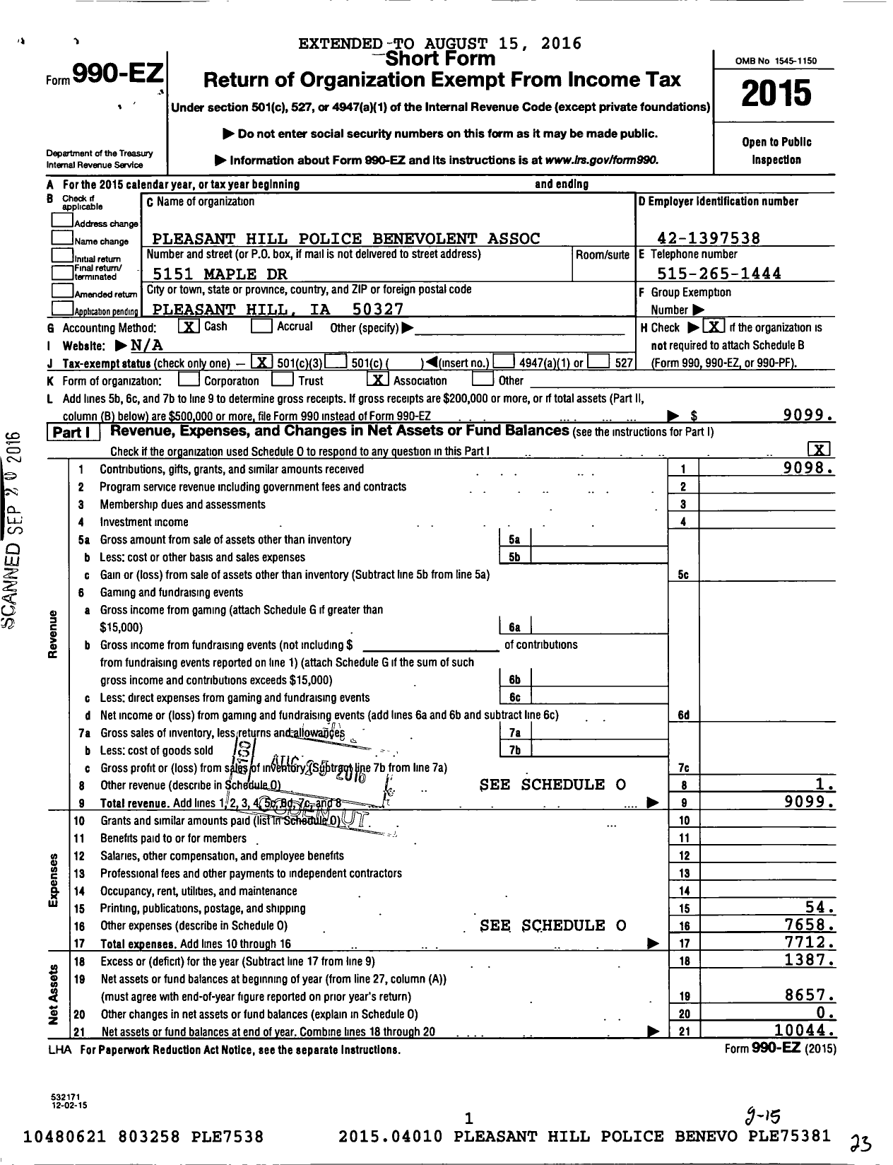 Image of first page of 2015 Form 990EZ for Pleasant Hill Police Benevolent Association