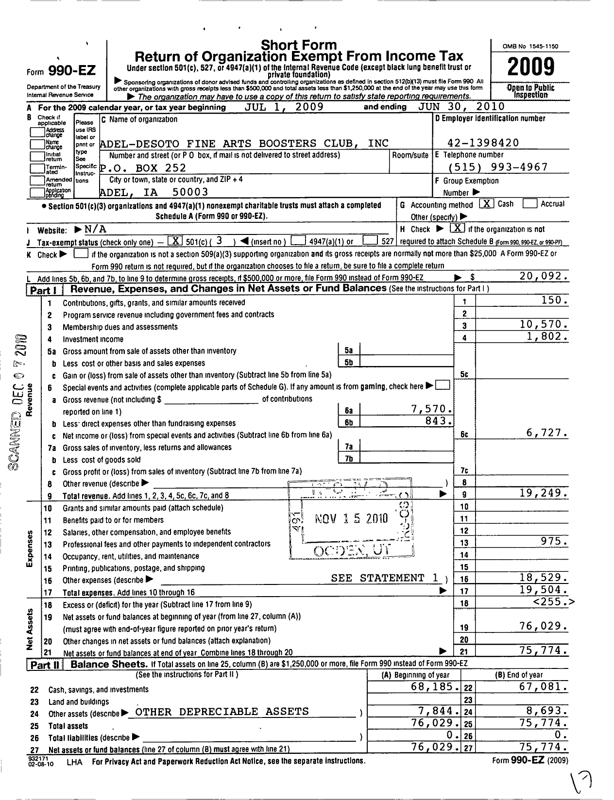 Image of first page of 2009 Form 990EZ for Adel Desoto Fine Arts Booster Club