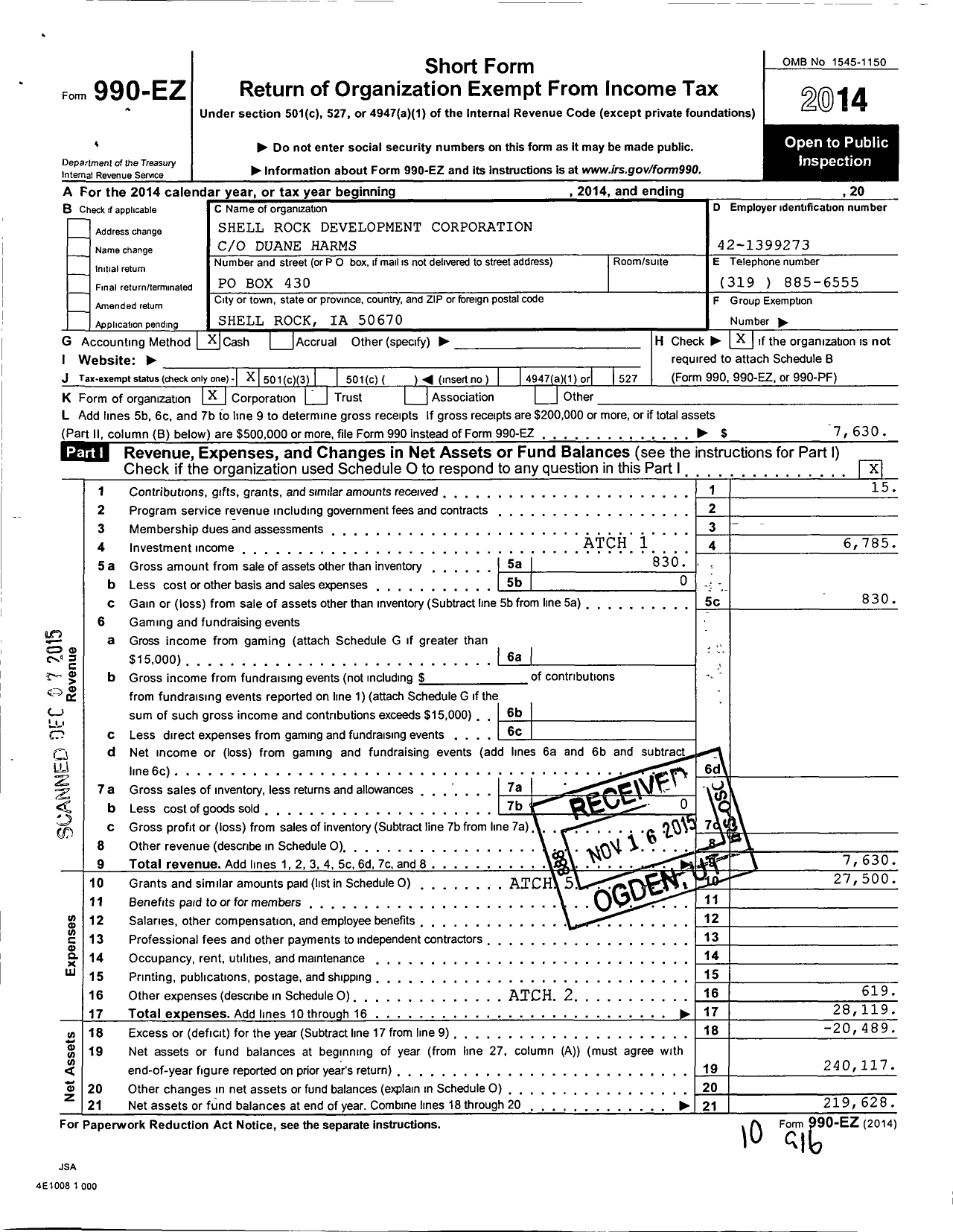 Image of first page of 2014 Form 990EZ for Shell Rock Development Corporation