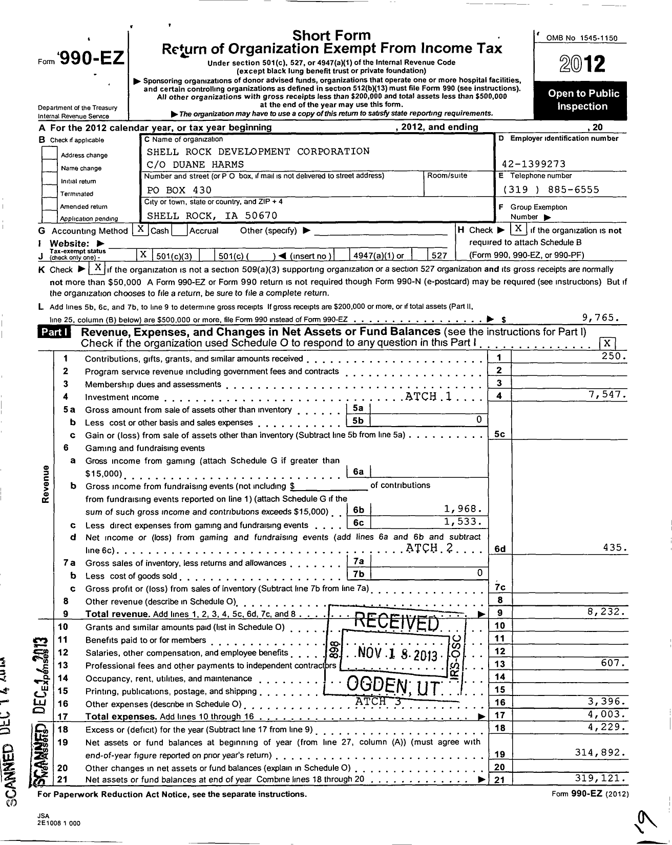 Image of first page of 2012 Form 990EZ for Shell Rock Development Corporation