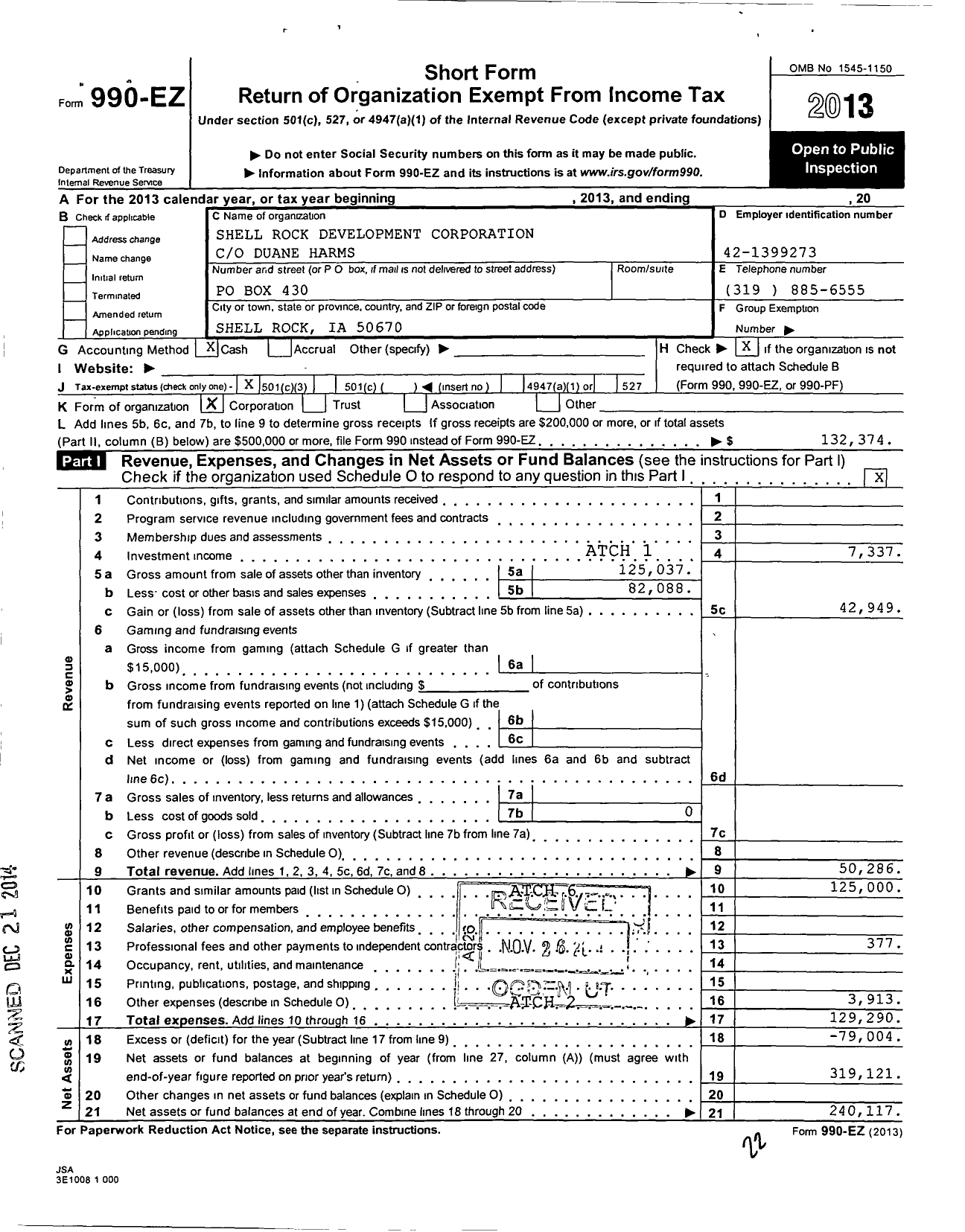 Image of first page of 2013 Form 990EZ for Shell Rock Development Corporation