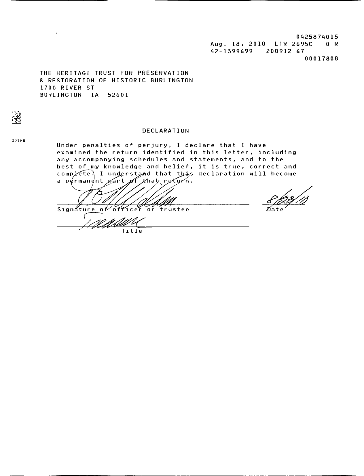 Image of first page of 2009 Form 990ER for The Heritage Trust for Preservation and Restor of Historic Burlington Ia