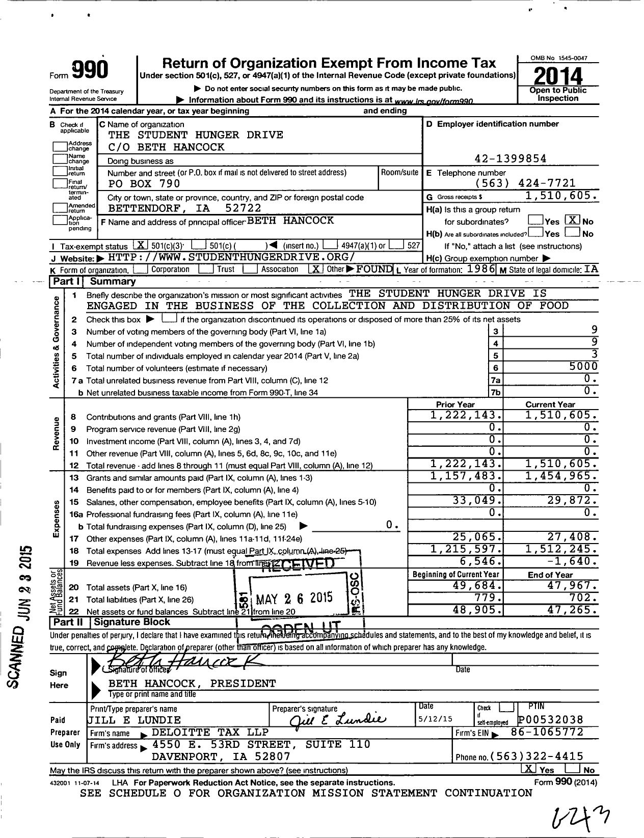 Image of first page of 2014 Form 990 for The Student Hunger Drive