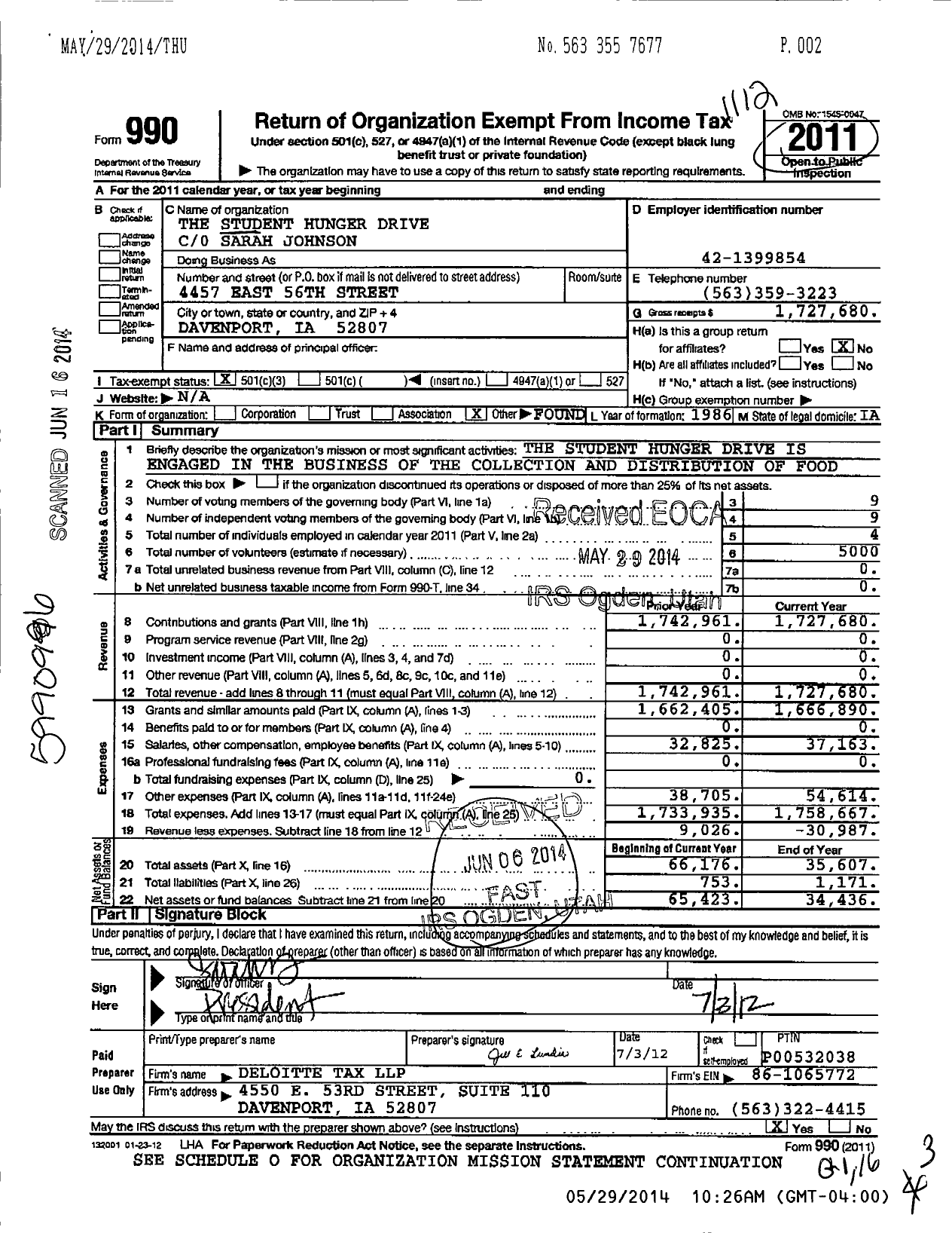 Image of first page of 2011 Form 990 for The Student Hunger Drive