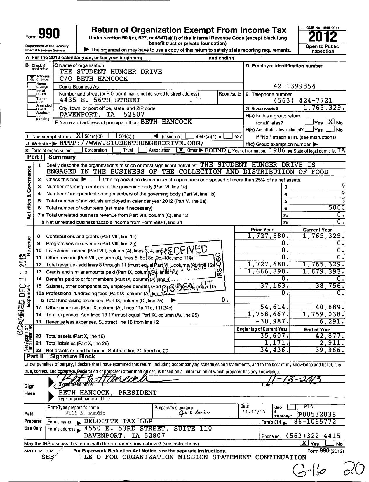 Image of first page of 2012 Form 990 for The Student Hunger Drive