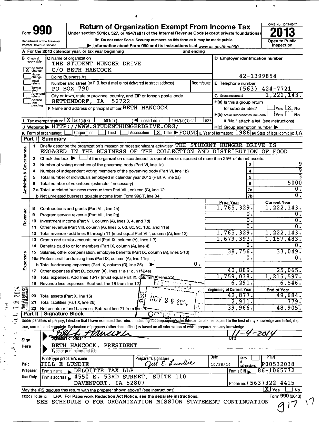 Image of first page of 2013 Form 990 for The Student Hunger Drive