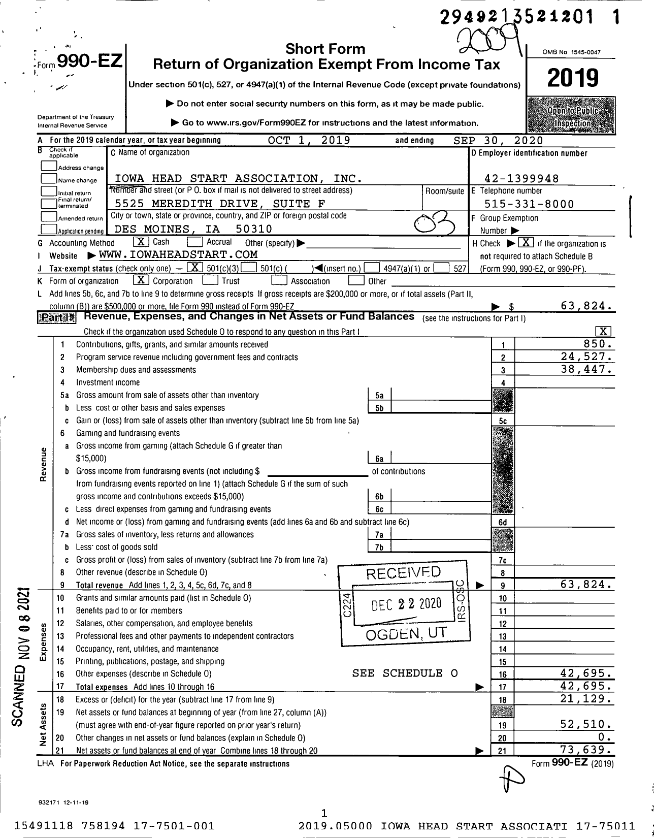 Image of first page of 2019 Form 990EZ for Iowa Head Start Association