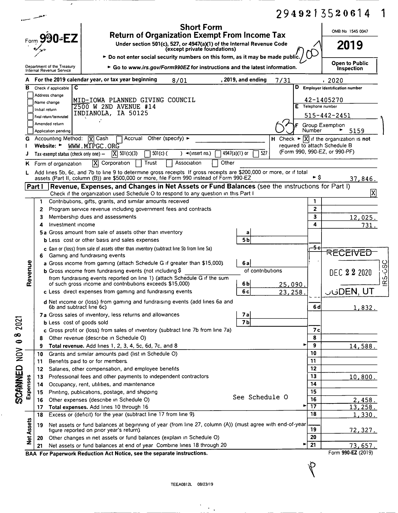 Image of first page of 2019 Form 990EZ for Mid-Iowa Planned Giving Council