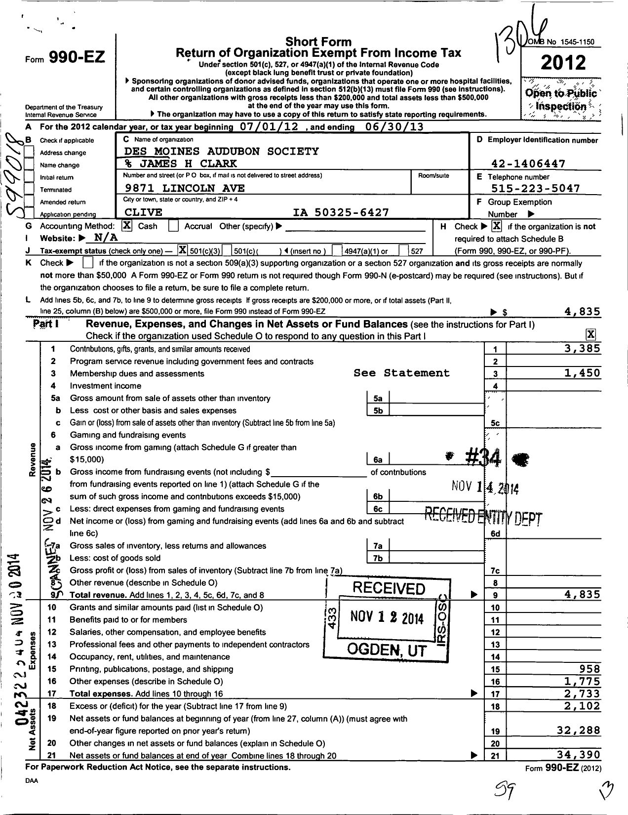 Image of first page of 2012 Form 990EZ for Des Moines Audubon Society