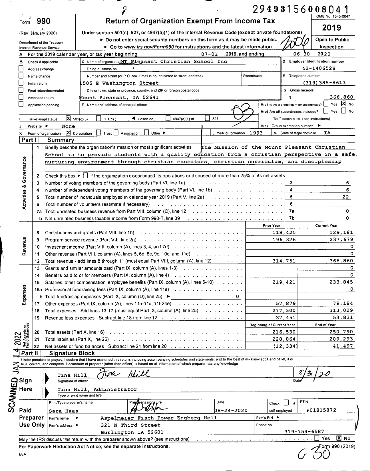 Image of first page of 2019 Form 990 for MT Pleasant Christian School