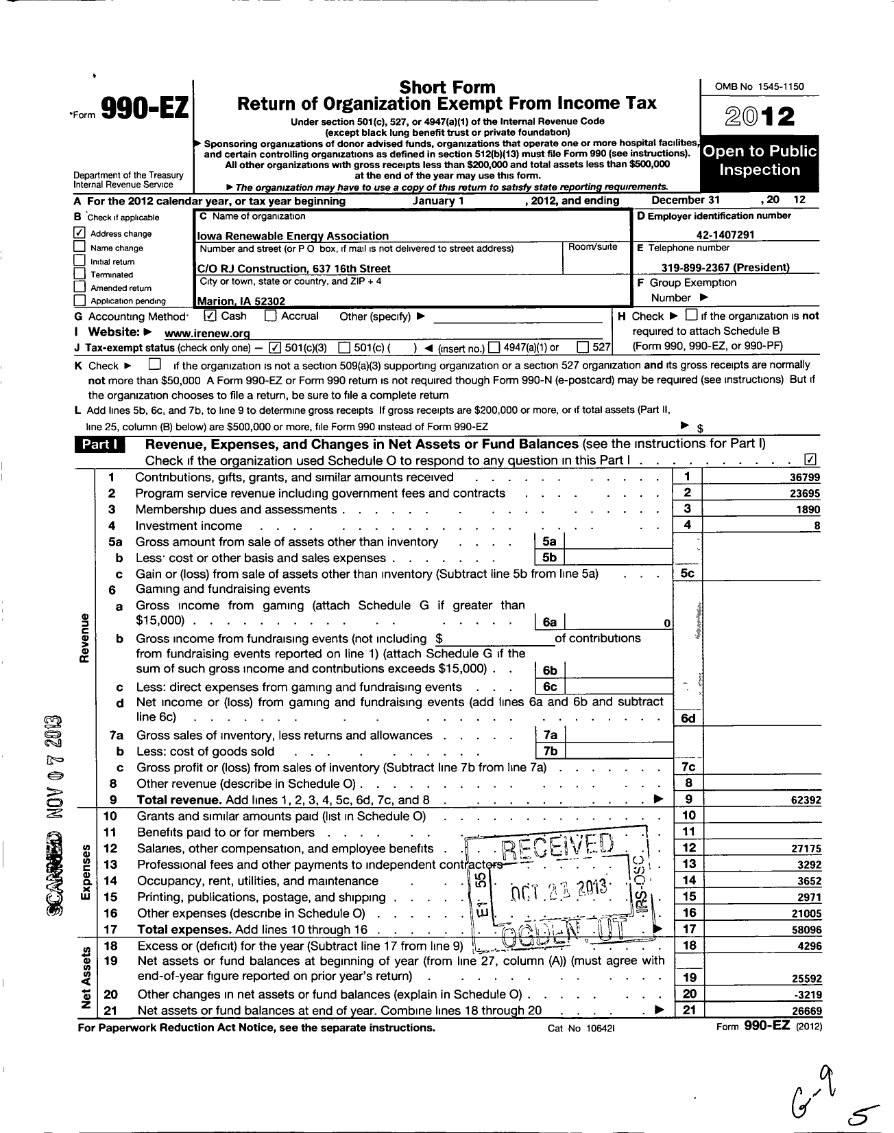 Image of first page of 2012 Form 990EZ for Iowa Renewable Energy Association