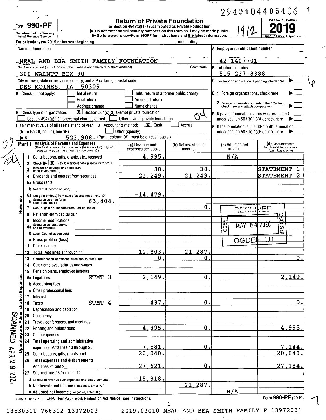 Image of first page of 2019 Form 990PF for Neal and Bea Smith Family Foundation